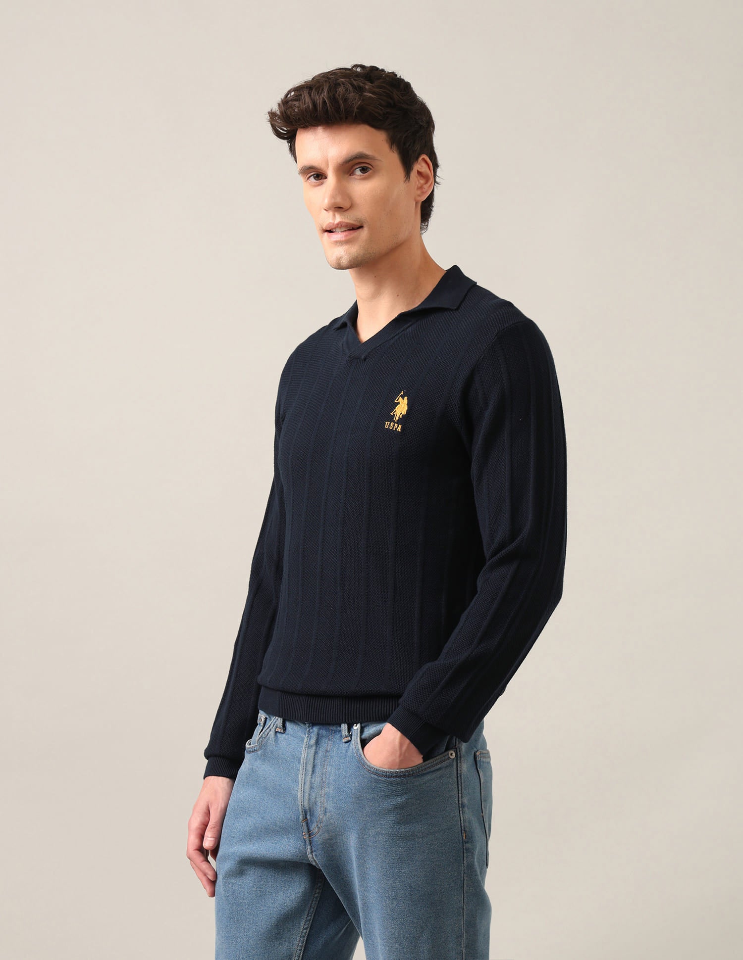 Polo Neck Textured Sweater Blue - U.S. Polo Assn. India | Large