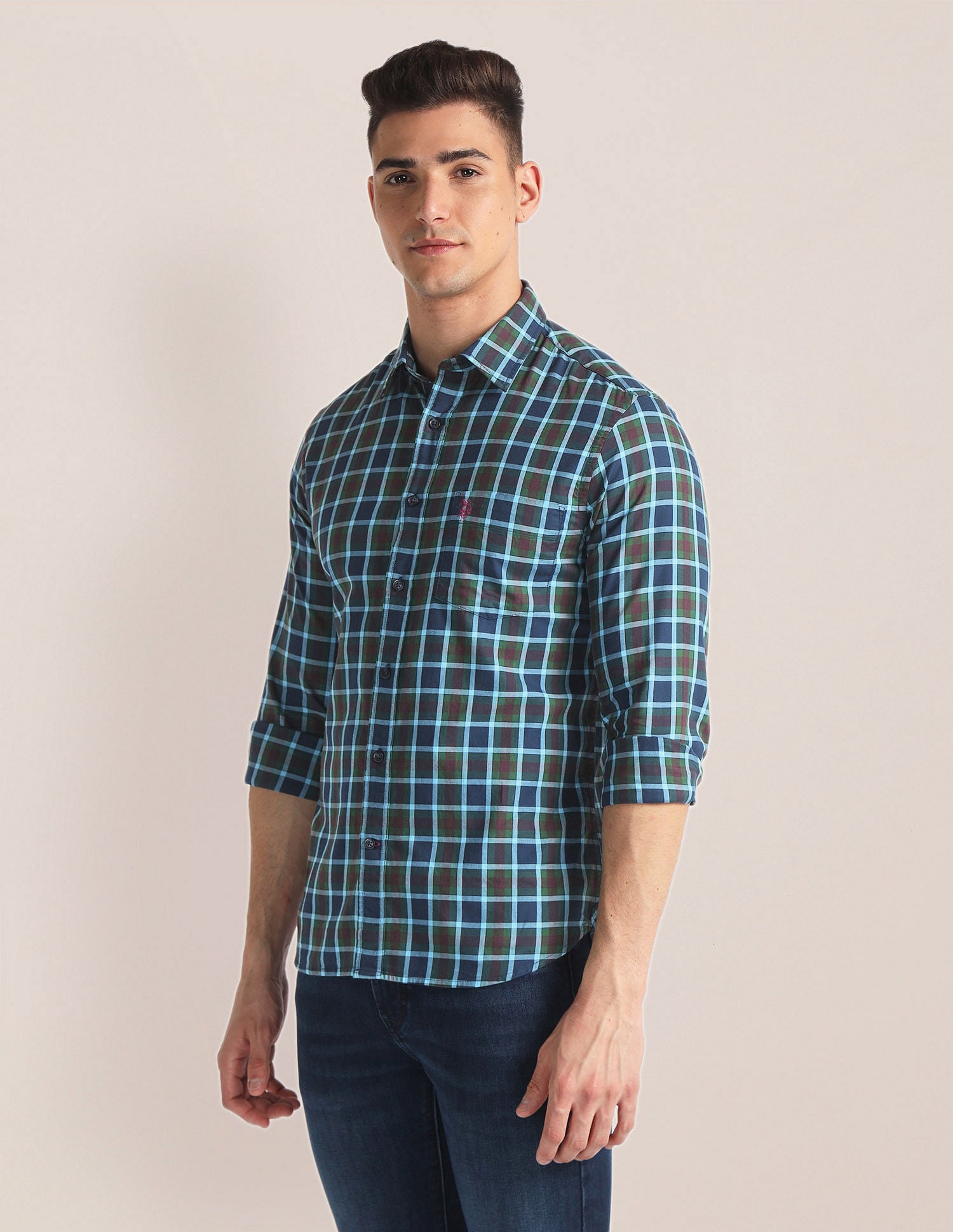 Tartan Check Twill Shirt Green and Blue - U.S. Polo Assn. India | Large