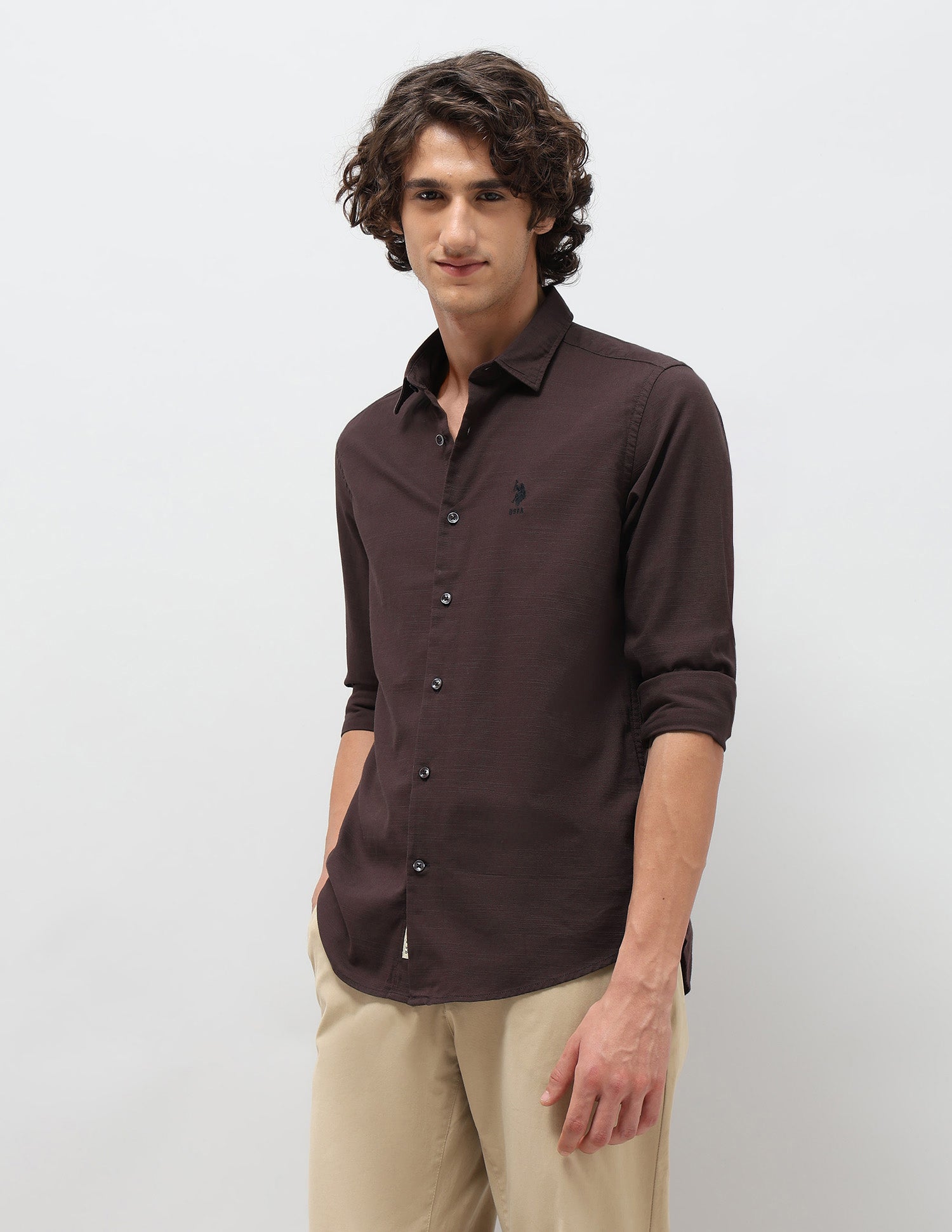Slim Fit Pure Cotton Shirt Wine - U.S. Polo Assn. India | Large