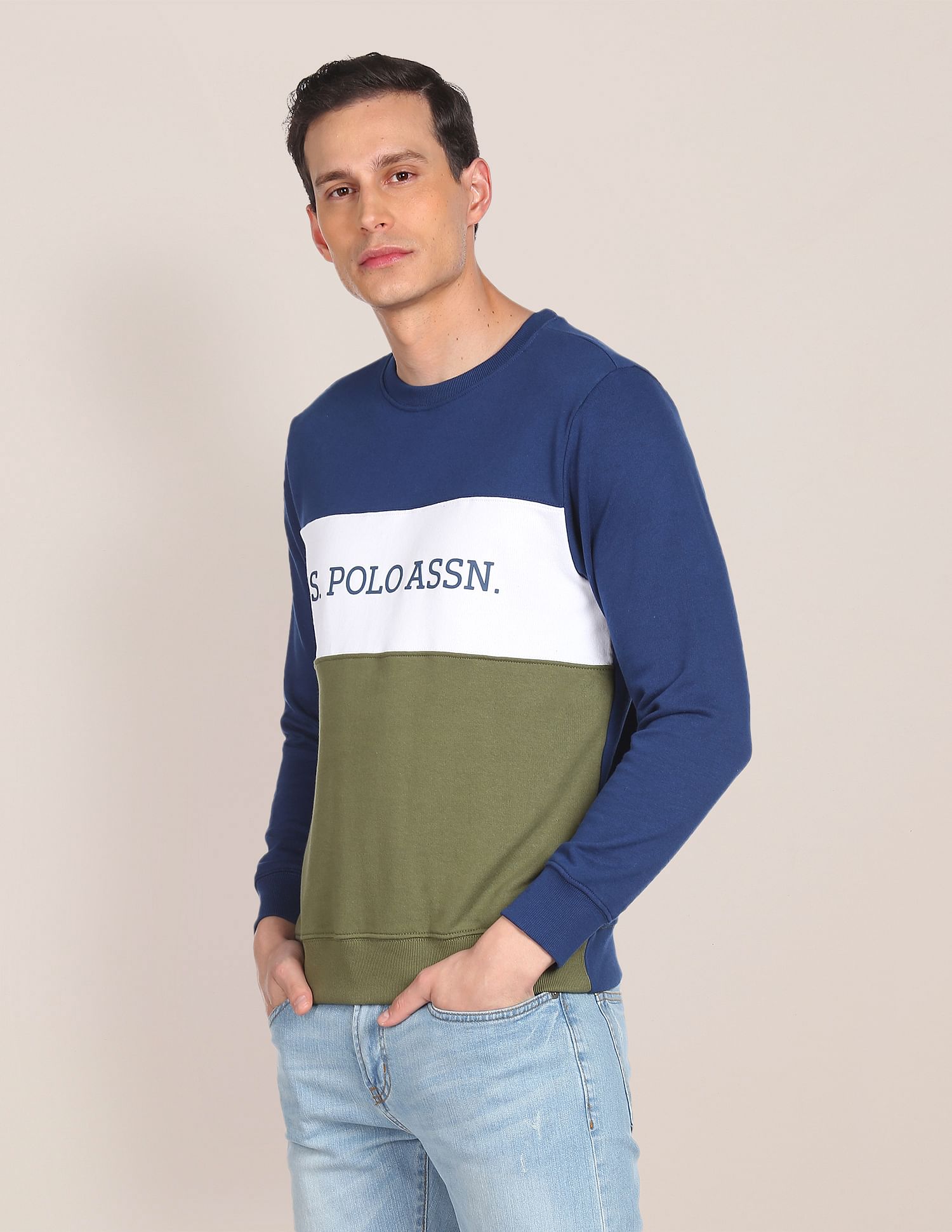 Colour Block Crew Neck Sweatshirt Navy and Olive - U.S. Polo Assn. India | Large