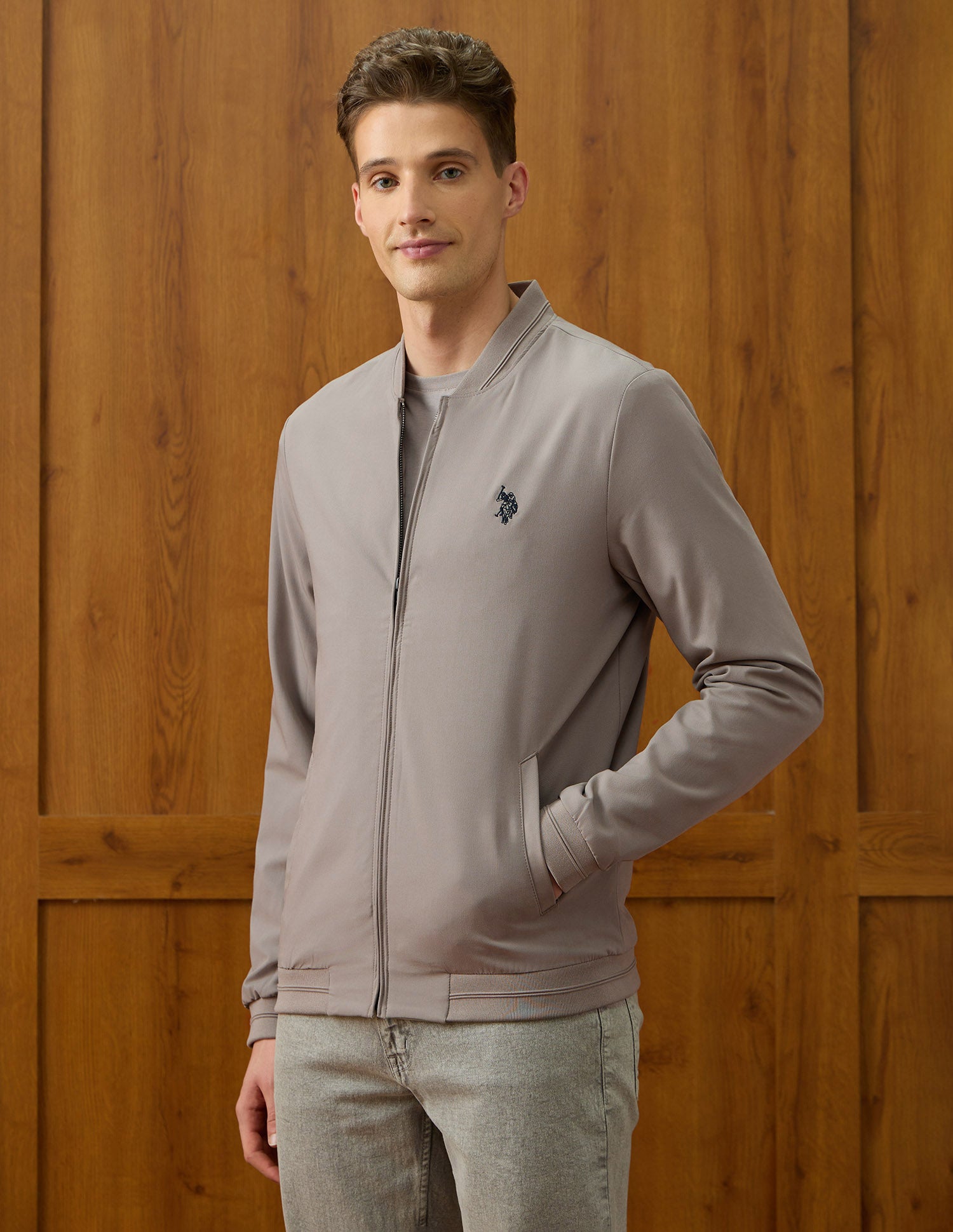 Solid Equestrian Aisle Theater Bomber Jacket Grey - U.S. Polo Assn. India | Large