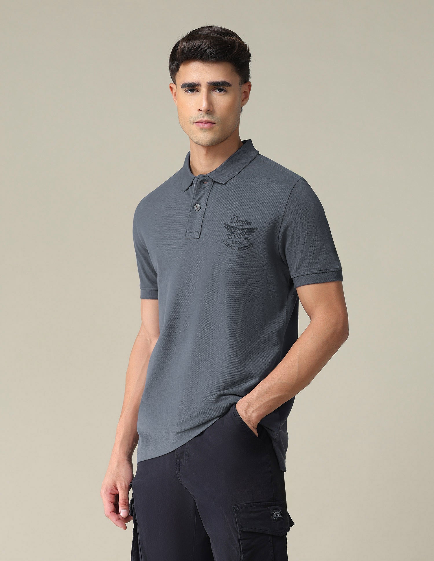 Placement Print Cotton Polo Shirt Charcoal - U.S. POLO ASSN. | Large