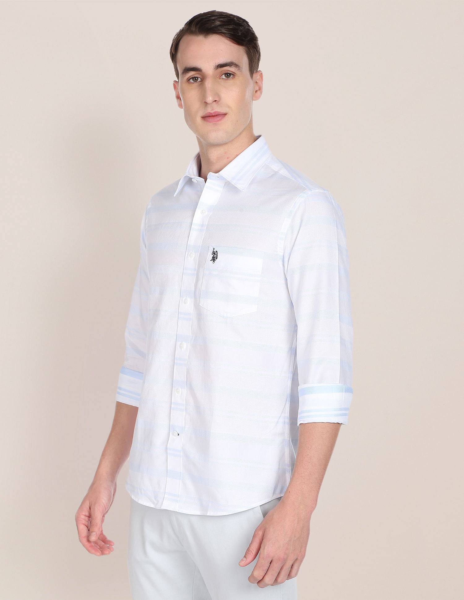 Men White And Blue Horizontal Stripe Casual Shirt White and Light Blue - U.S. POLO ASSN. | Large