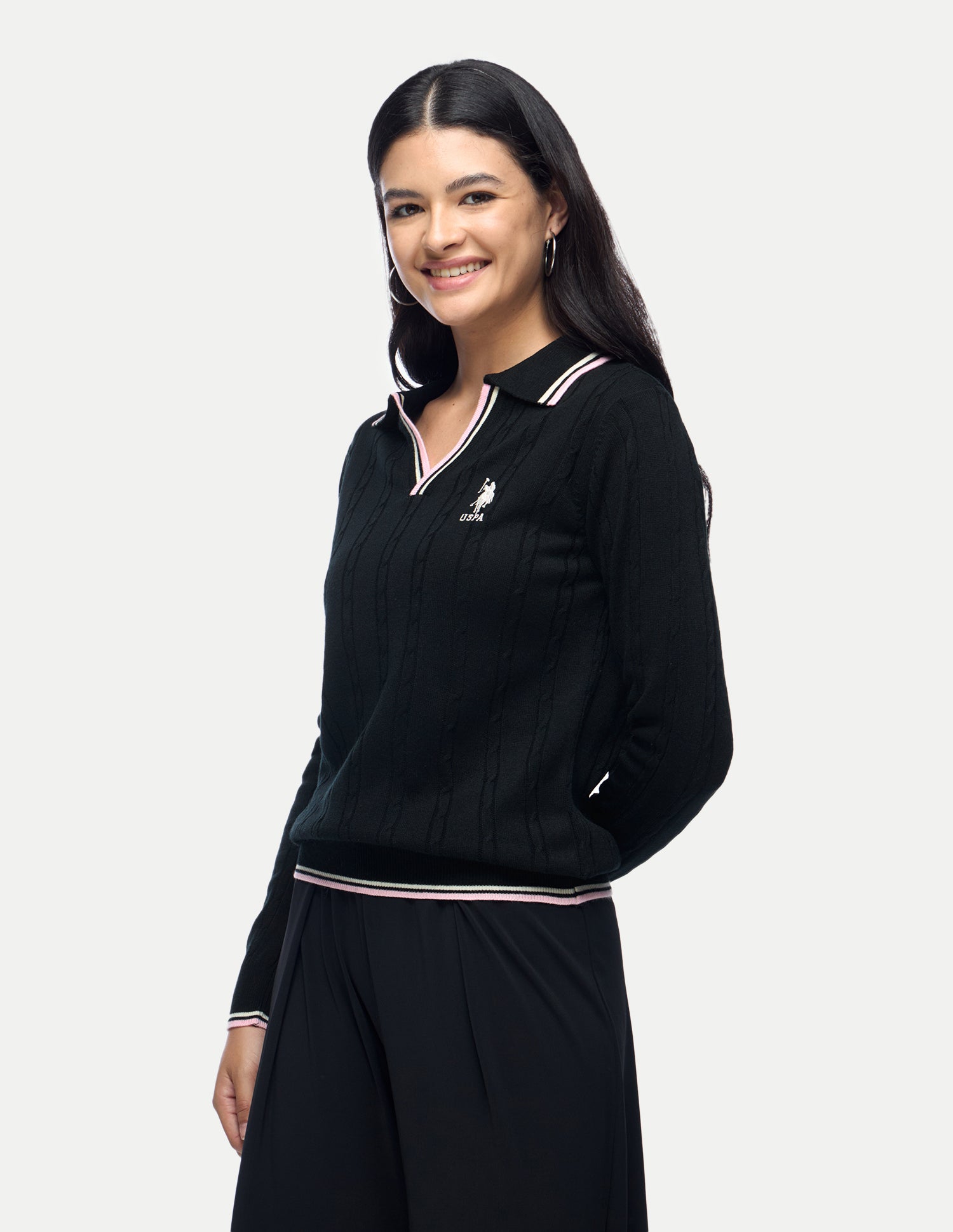 Cable Patterned Knit Regular Fit Sweater Black - U.S. Polo Assn. India | Large