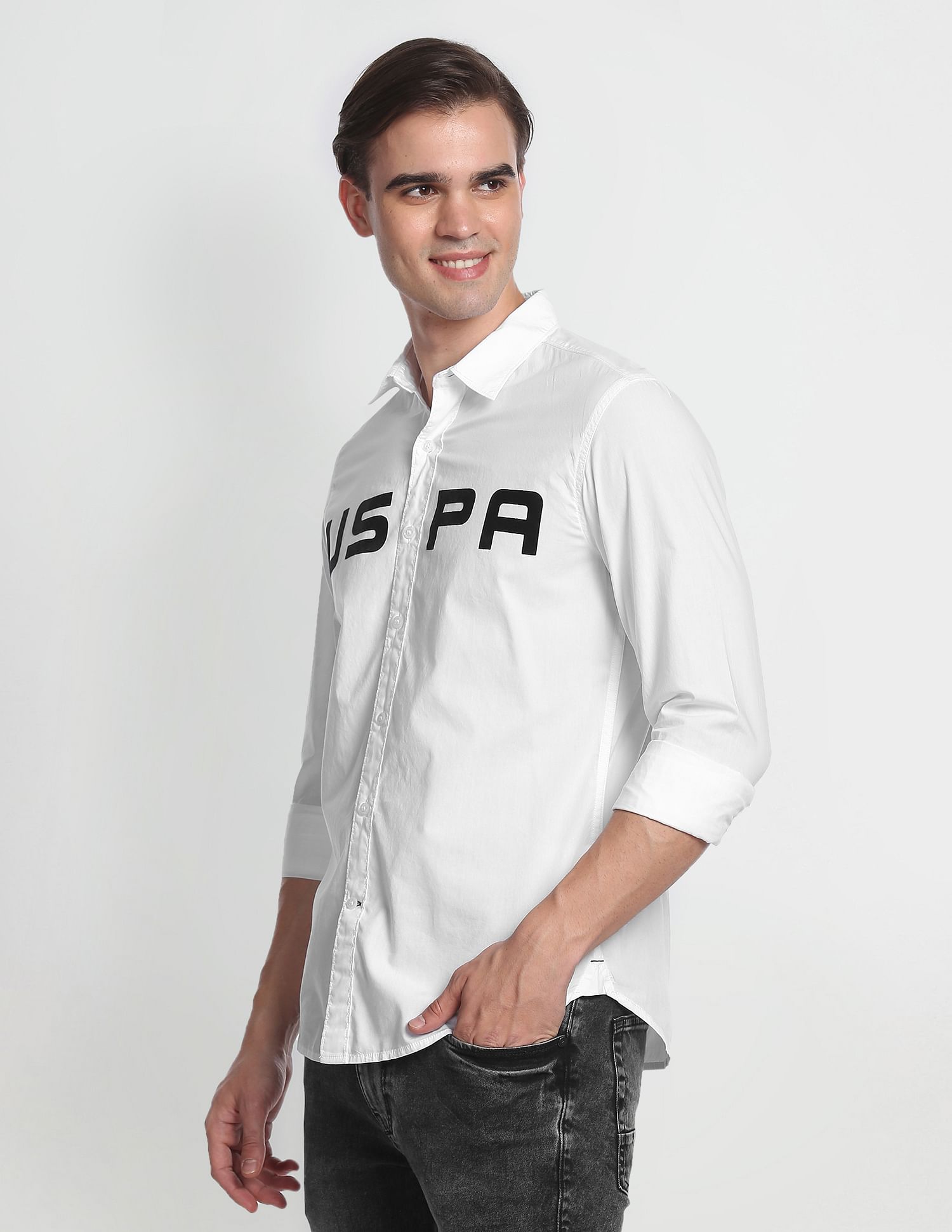 Spread Collar Cotton Casual Shirt White - U.S. Polo Assn. India | Large