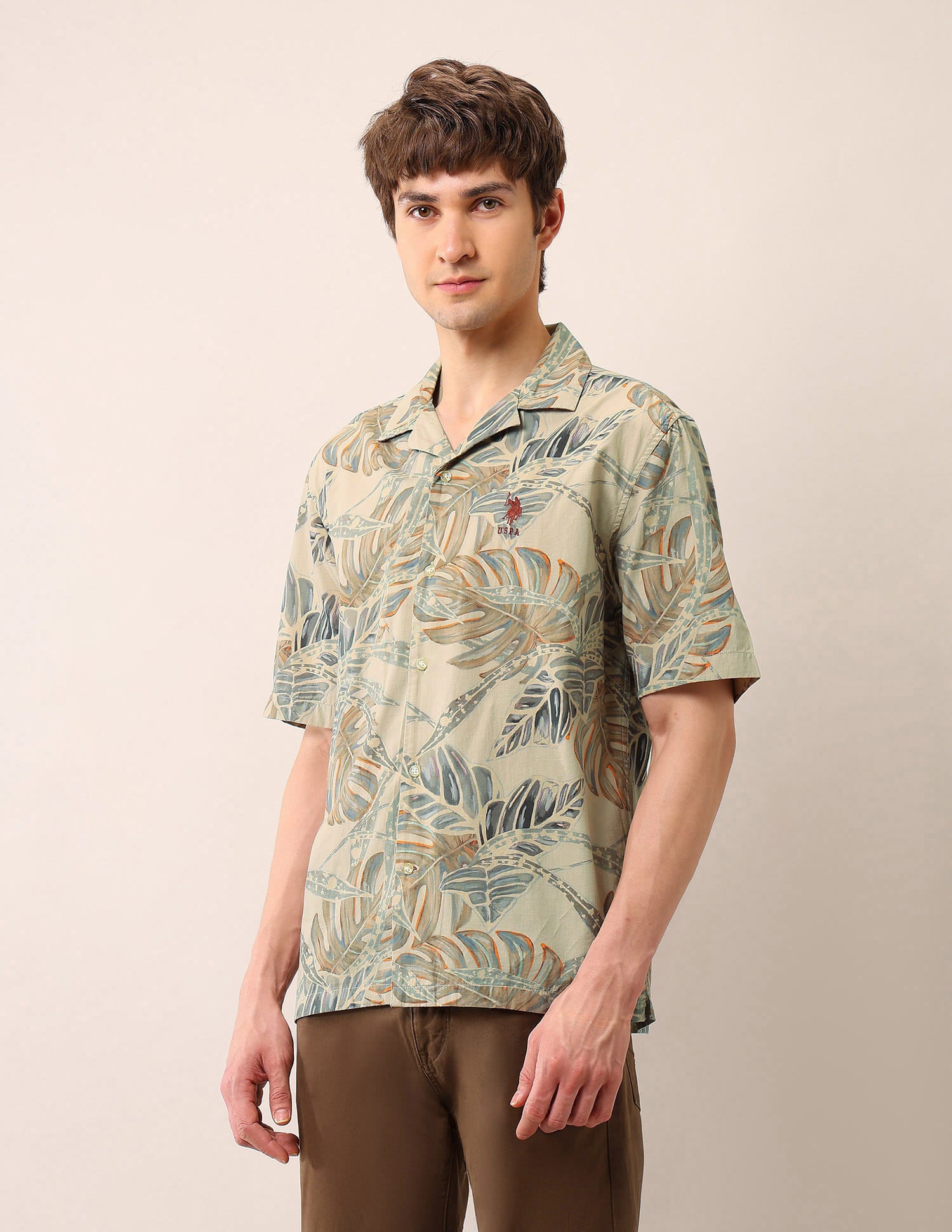 Tropical Printed Cuban Shirt Khaki - U.S. Polo Assn. India | Large