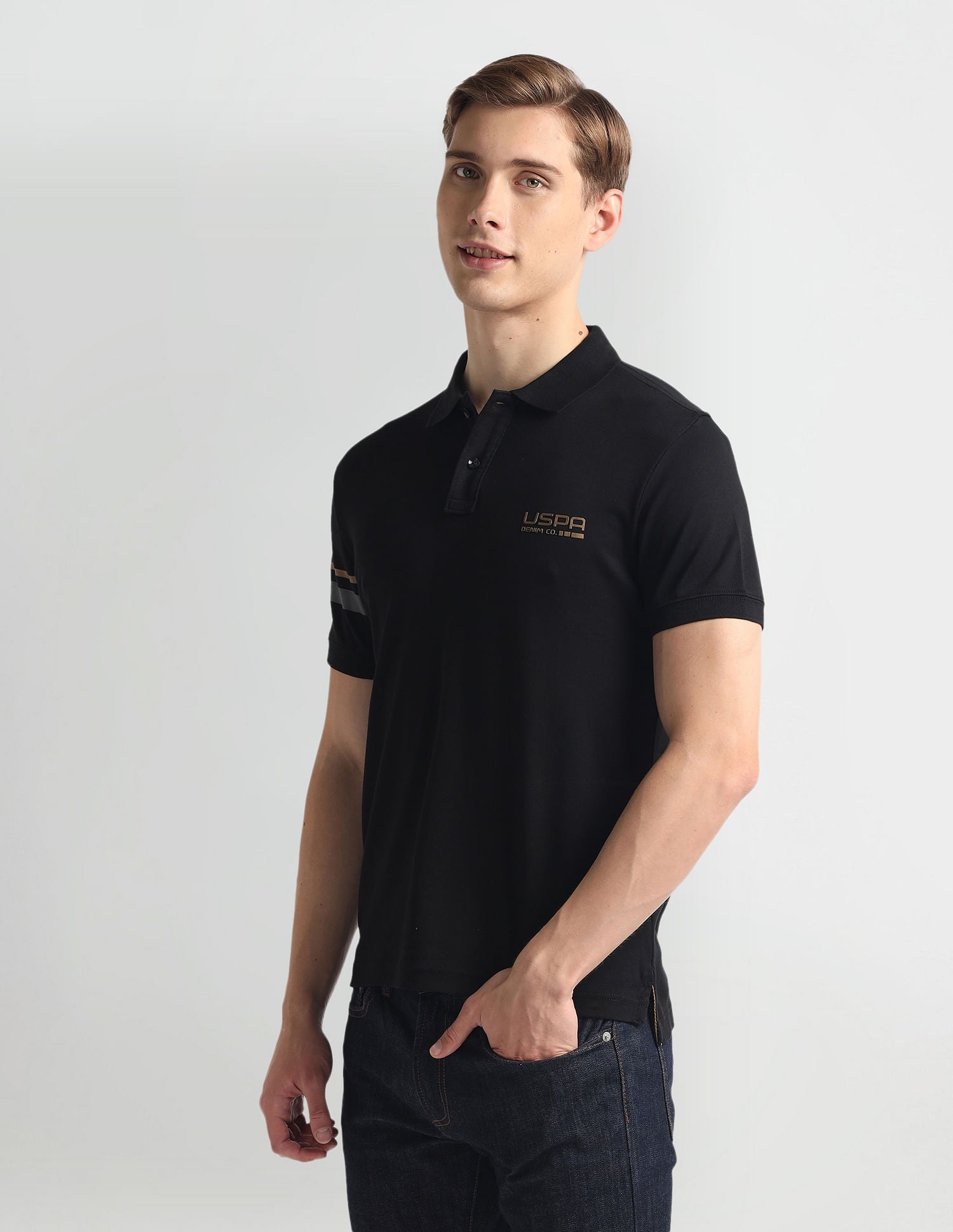 Ribbed Collar Solid Polo Shirt Black - U.S. Polo Assn. India | Large