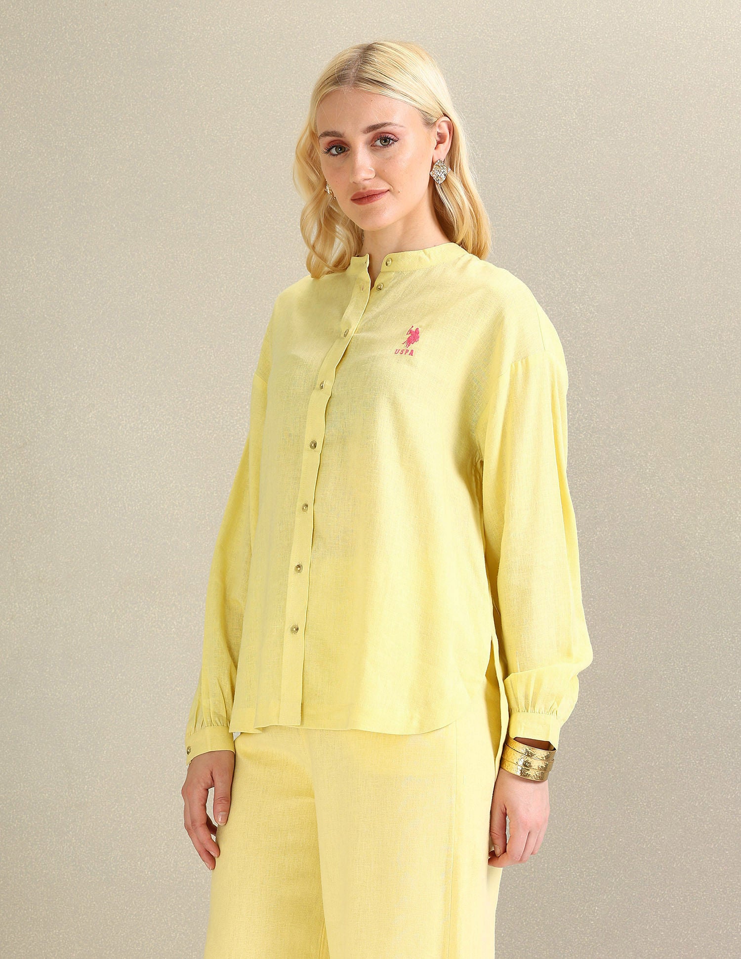 Mandarin Collar Viscose Linen Shirt Yellow - U.S. POLO ASSN. | Large