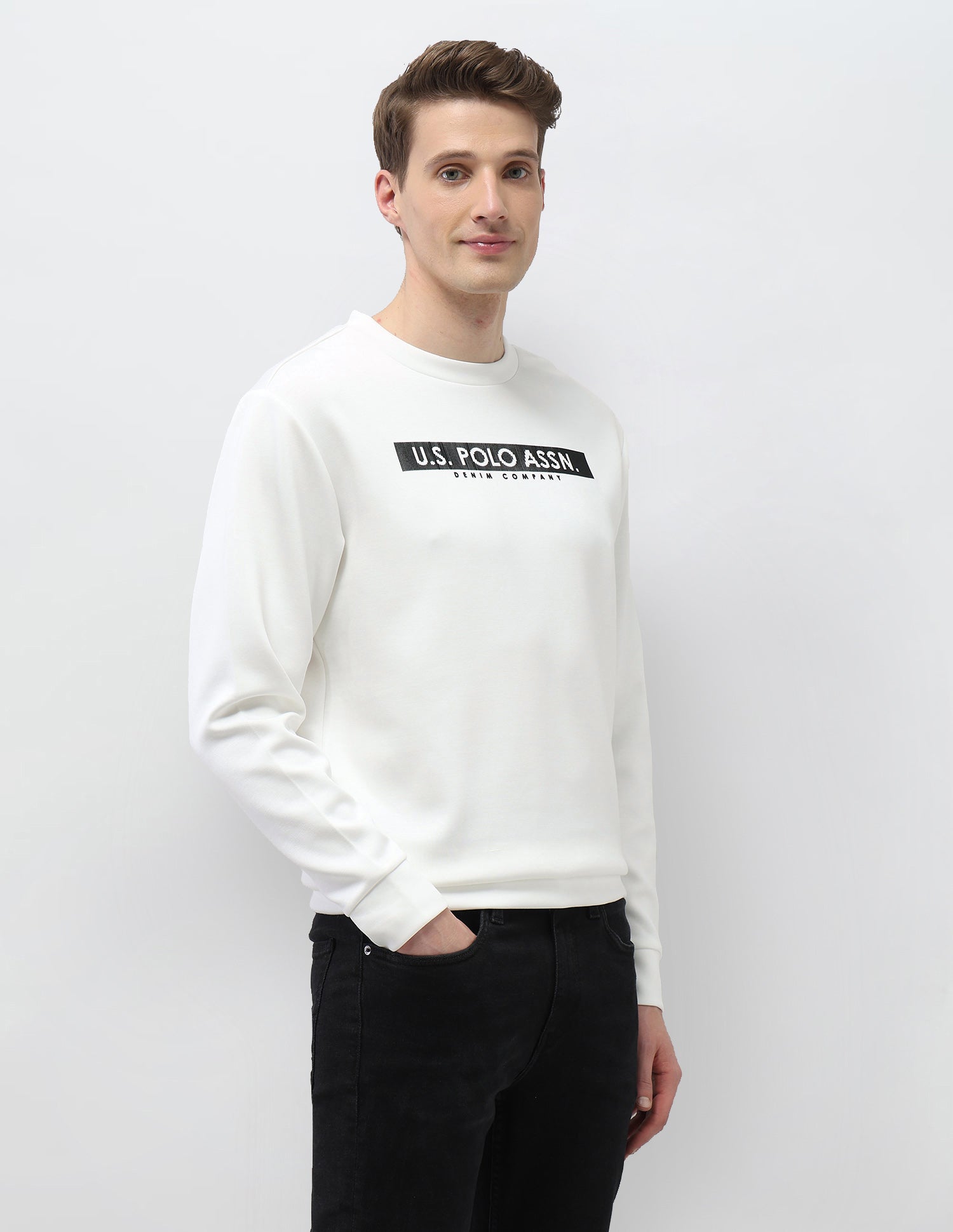 Brand Embossed Regular Fit Sweatshirt Ecru - U.S. Polo Assn. India | Large
