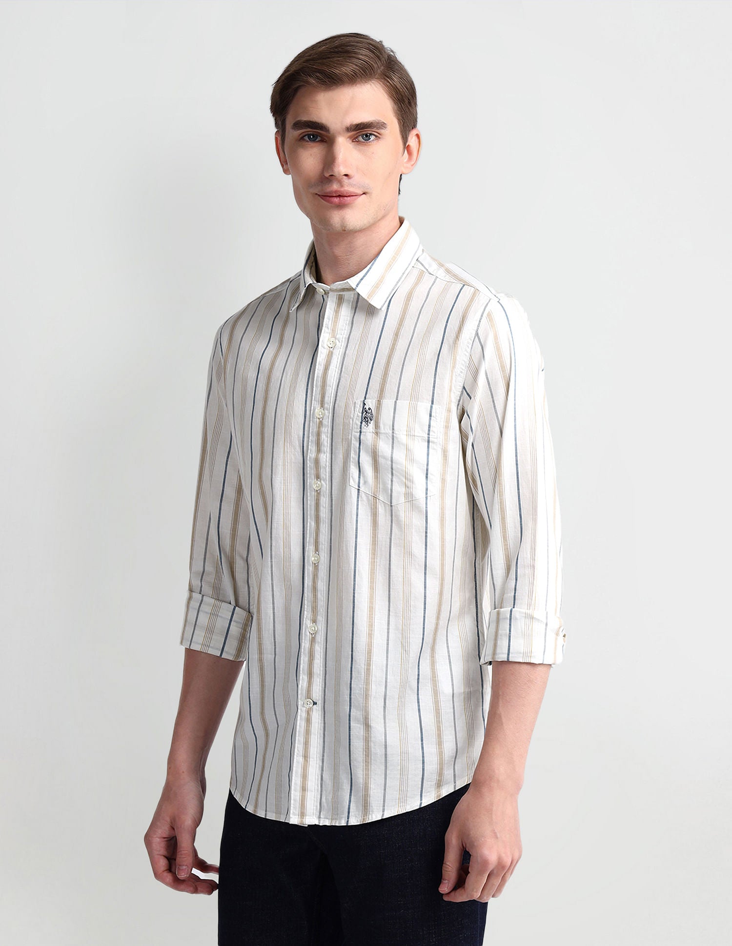 Slim Fit Vertical Striped Shirt Beige - U.S. Polo Assn. India | Large