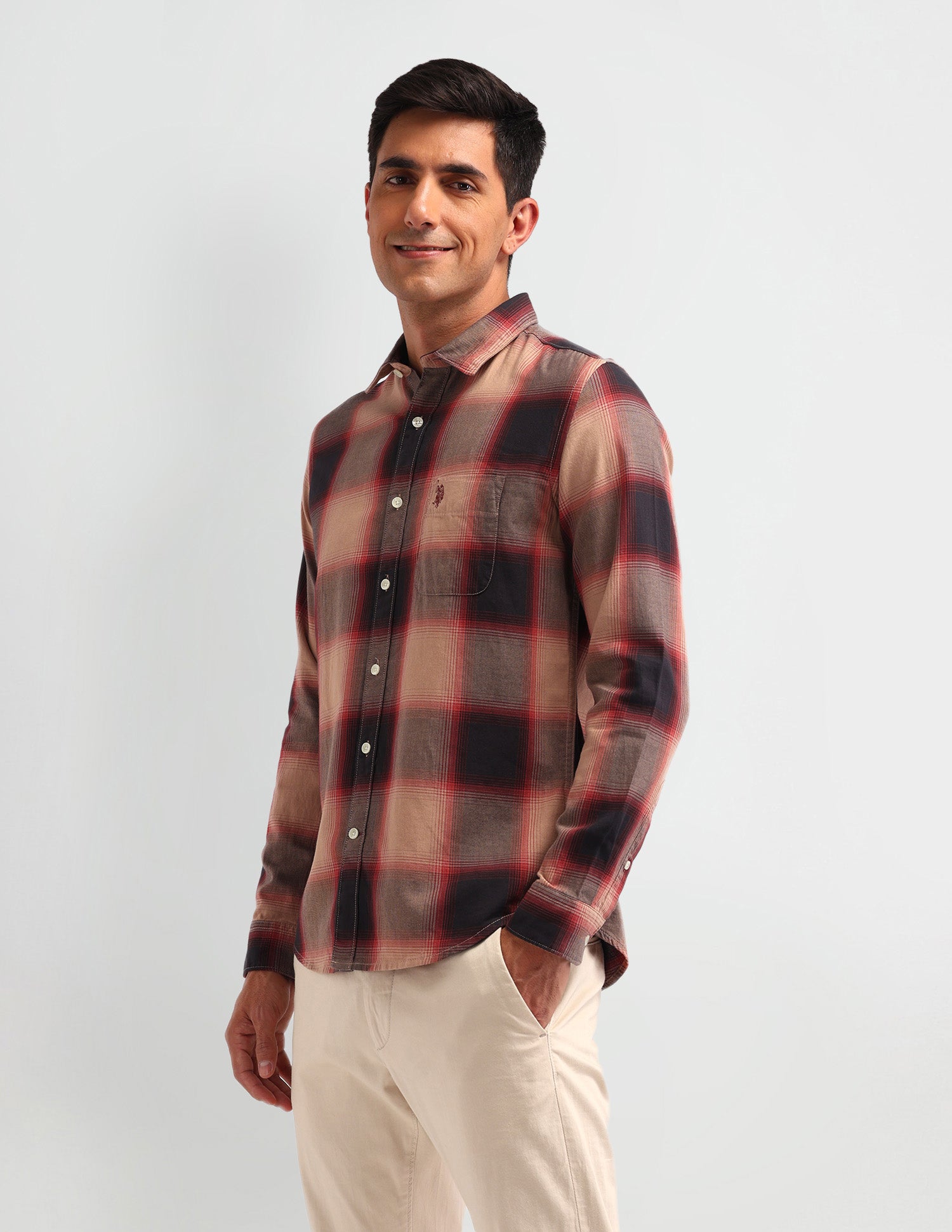 Graph Check Printed Slim Fit Shirt Light Brown - U.S. Polo Assn. India | Large