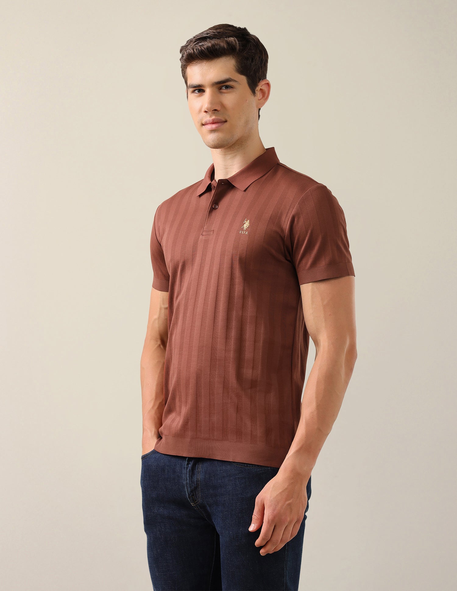 Self Design Vertical Striped Slim Fit Polo Shirt Rust - U.S. Polo Assn. India | Large
