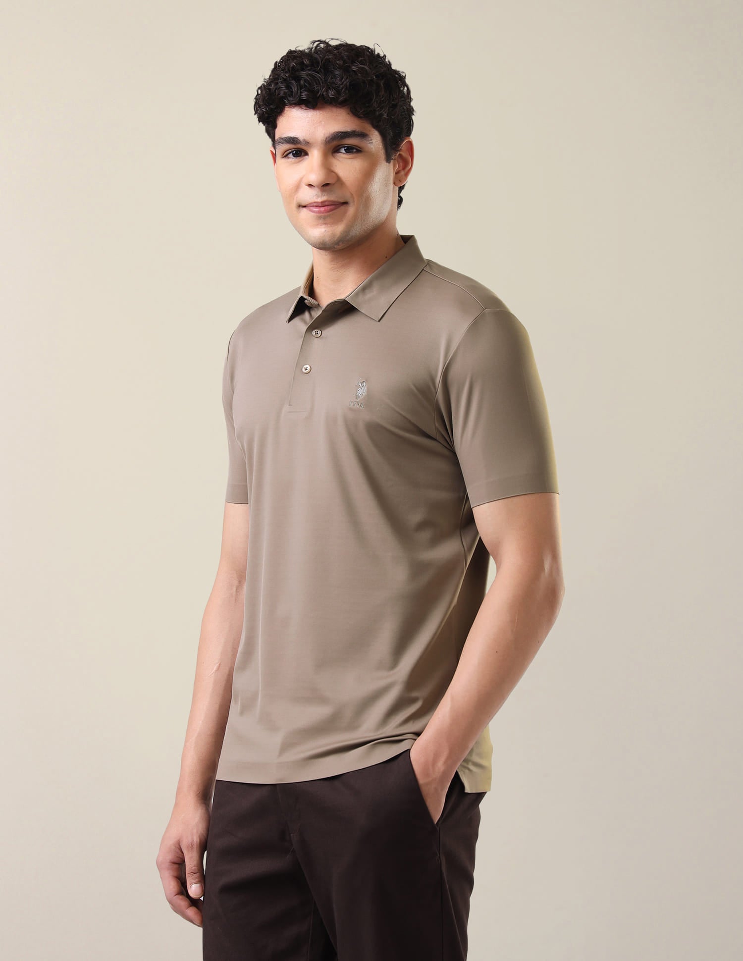 Solid Slim Fit Polo Shirt Light Brown - U.S. Polo Assn. India | Large