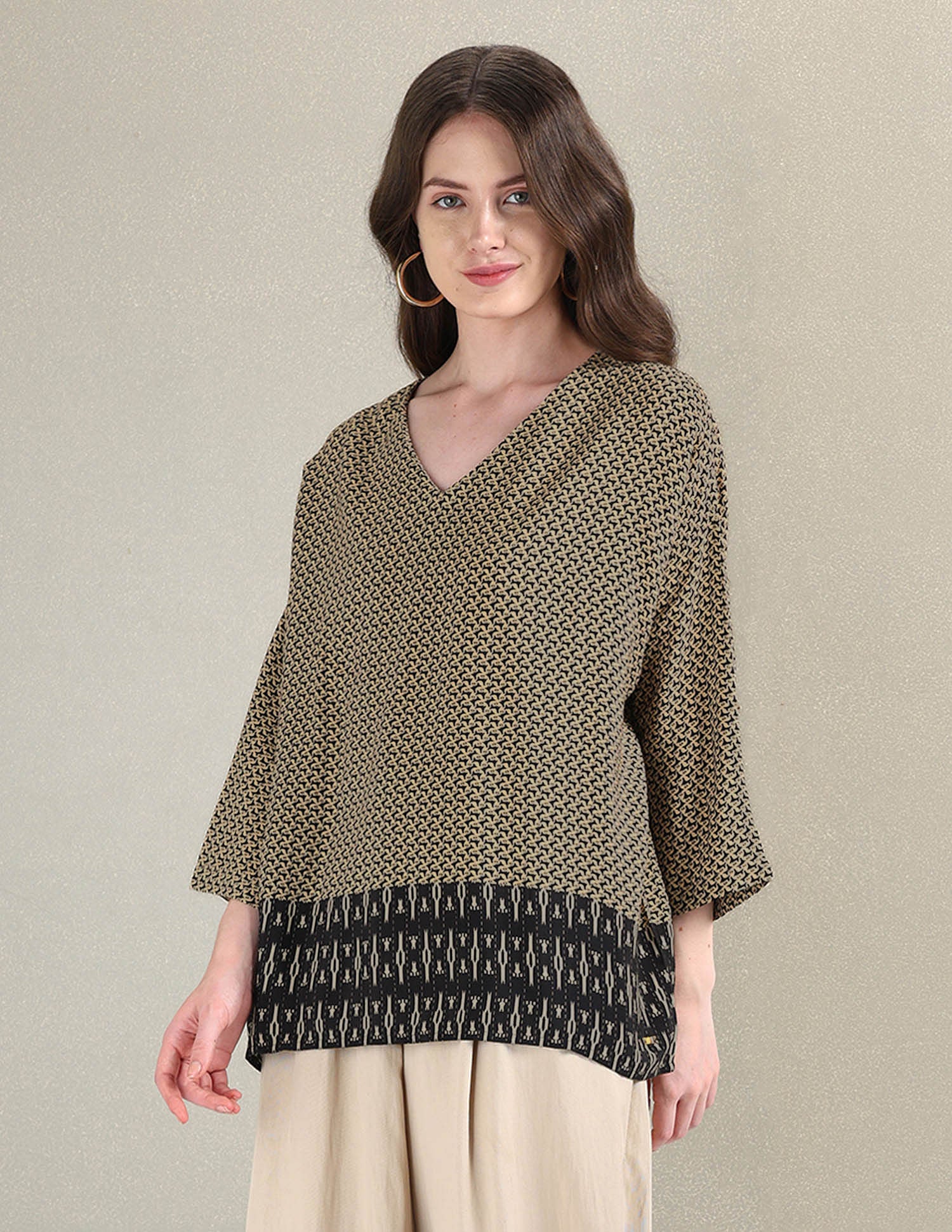 Geometric Print Viscose Kaftan Top Beige and Black - U.S. POLO ASSN. | Large