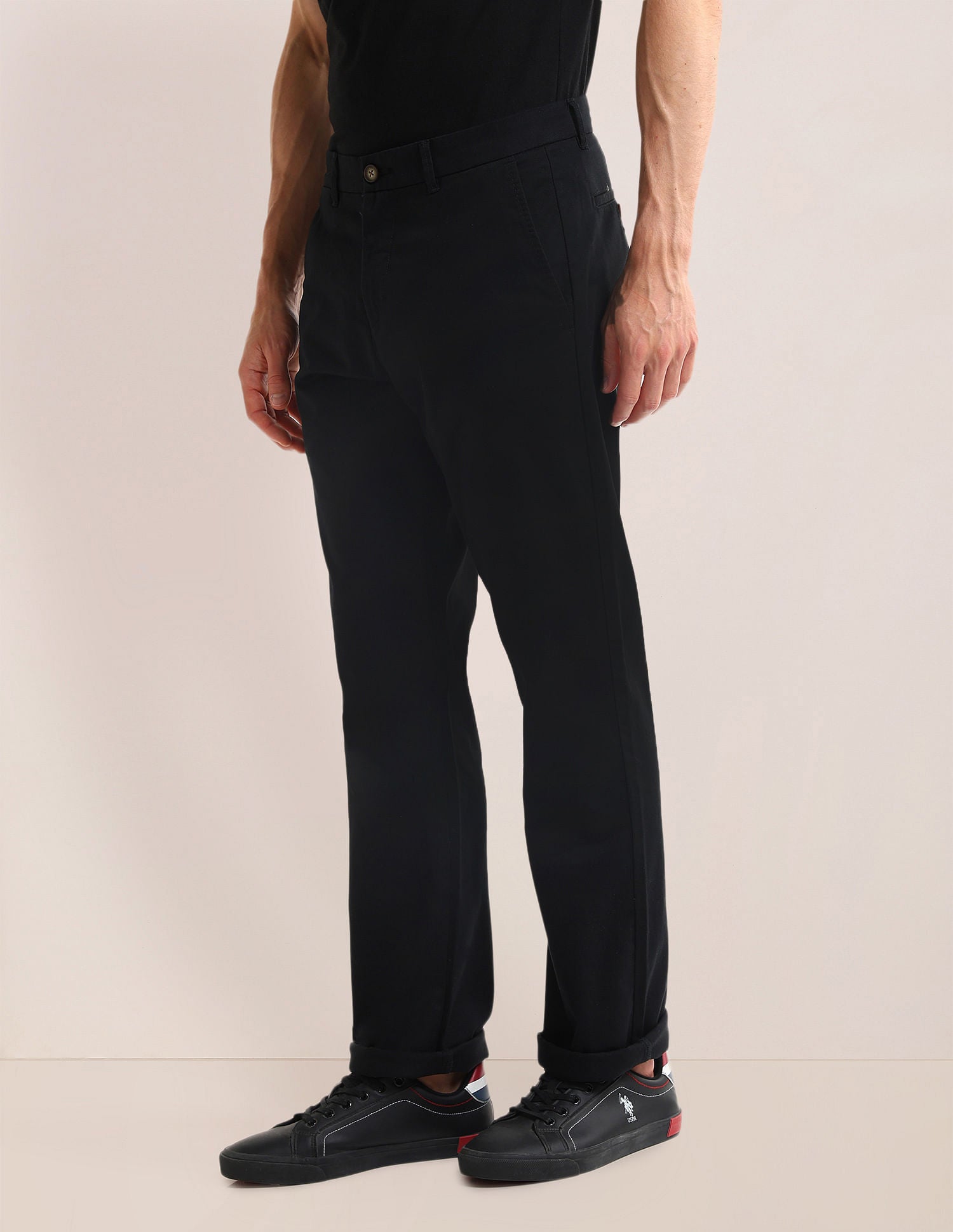 Riley Straight Fit Solid Trousers Black - U.S. POLO ASSN. | Large