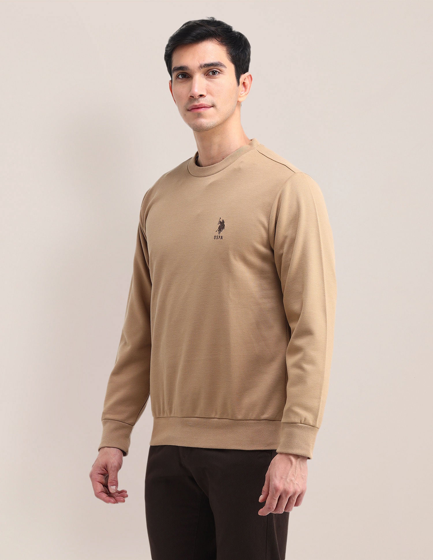 Patterned Knit Regular Fit Sweatshirt Light Brown - U.S. POLO ASSN. | Large