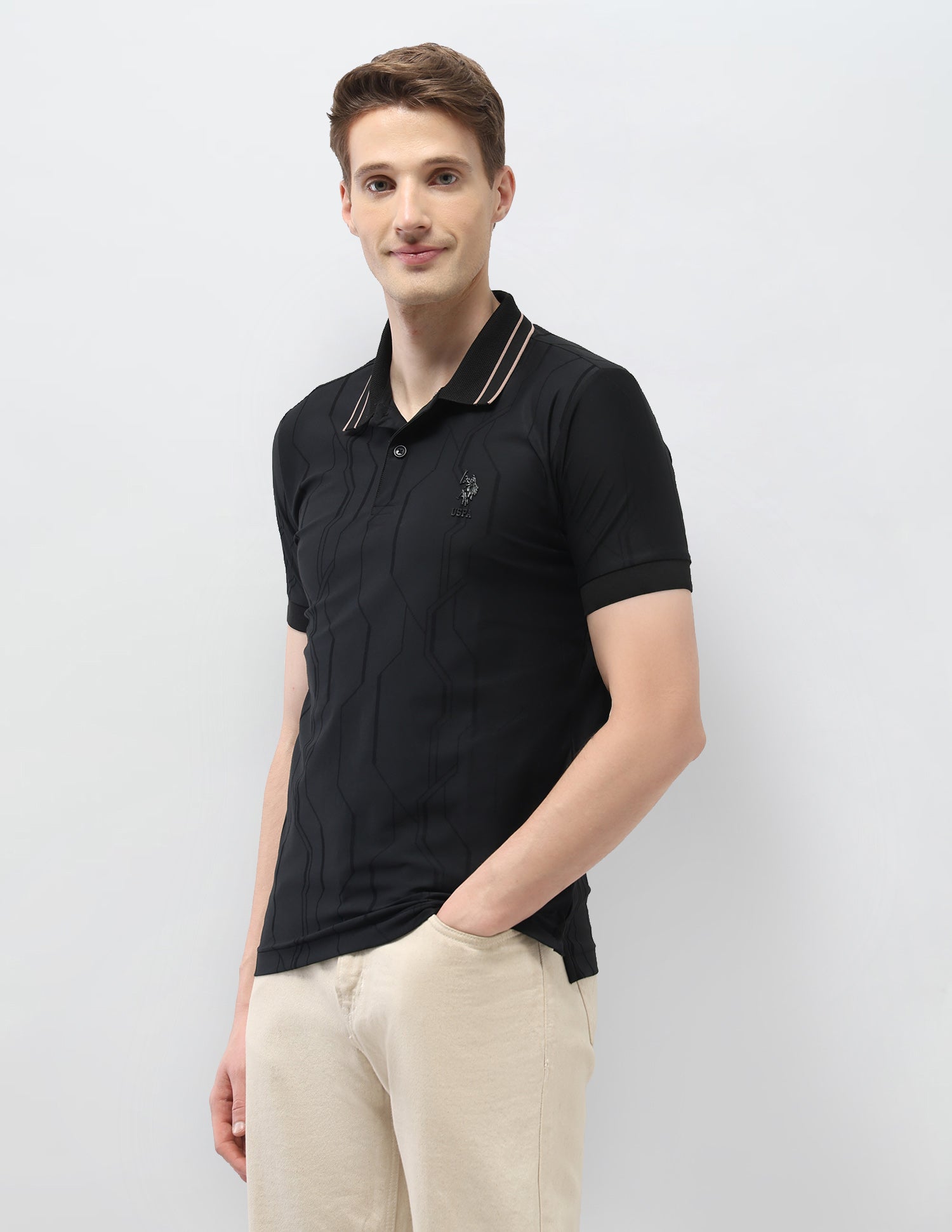Textured Geometric Slim Fit Black & Gold Polo Shirt Black - U.S. Polo Assn. India | Large