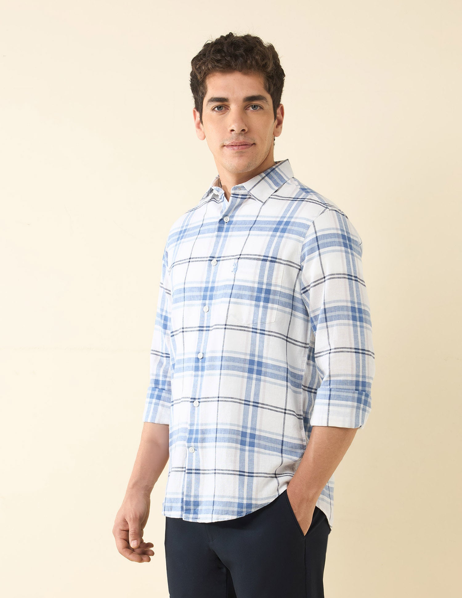 Tailored Fit Grid Tattersall Checked Shirt White - U.S. Polo Assn. India | Large