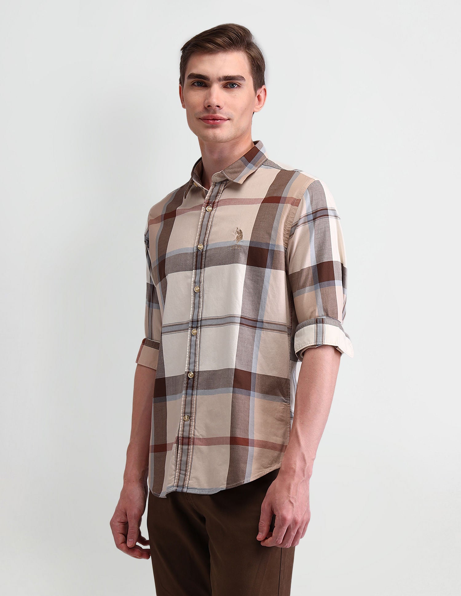 Grid Tattersall Checked Slim Fit Shirt Beige - U.S. Polo Assn. India | Large