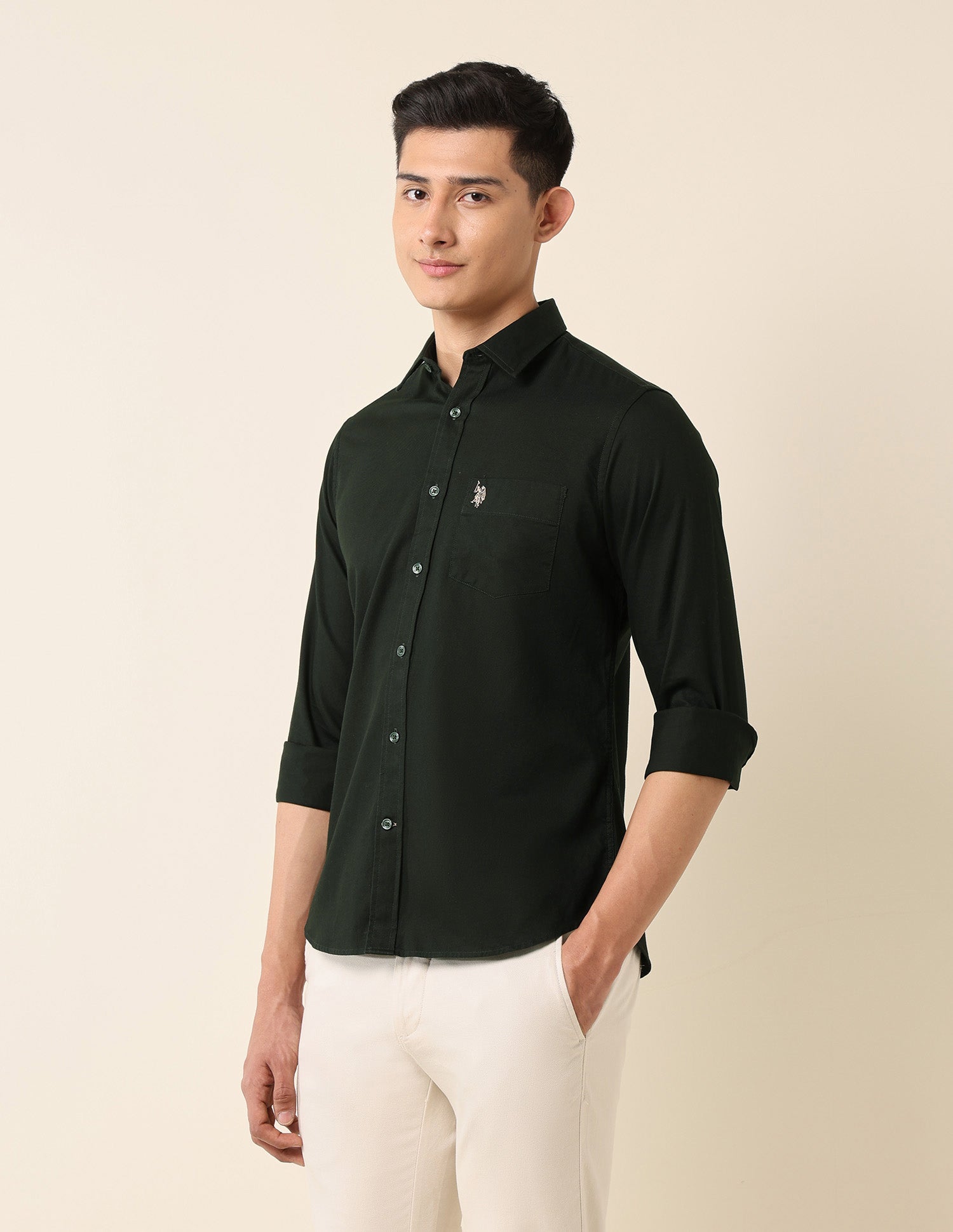 Tailored Fit Pure Cotton Shirt Dark Olive - U.S. Polo Assn. India | Large