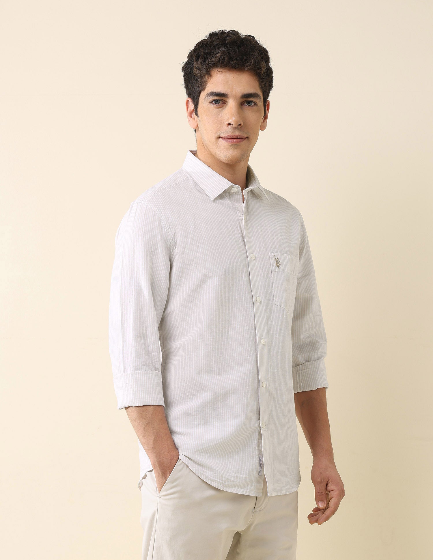 Vertical Striped Tailored Fit Shirt Beige - U.S. Polo Assn. India | Large