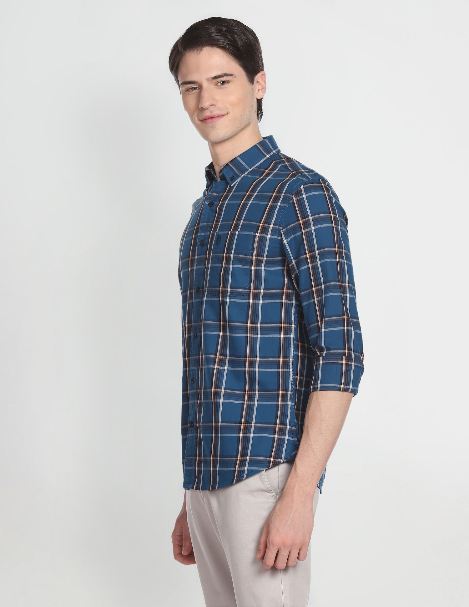Button Down Collar Tartan Check Formal Shirt Blue - U.S. Polo Assn. India | Large