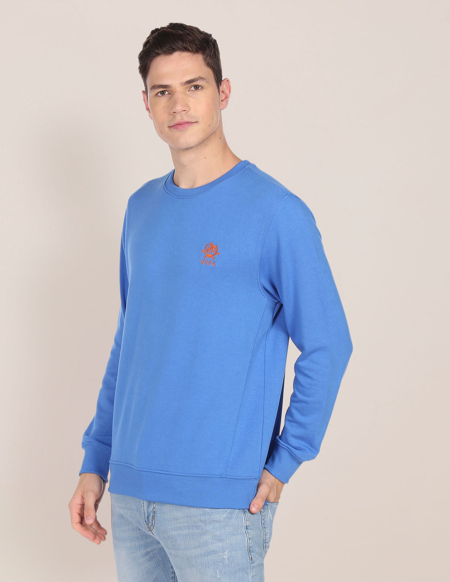 Men Blue Embroidered Logo Crew Neck Sweatshirt Blue - U.S. POLO ASSN. | Large