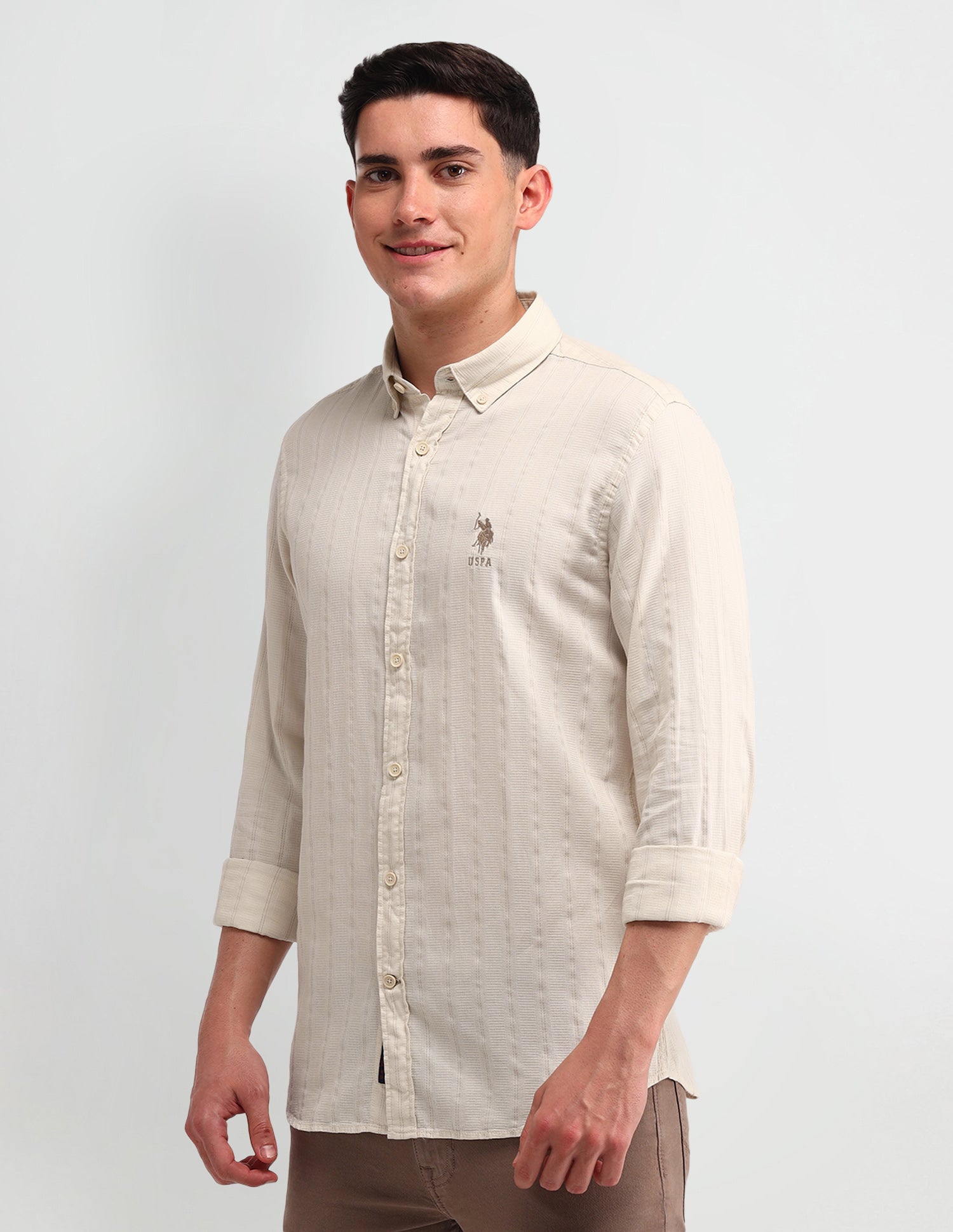 Vertical Striped Slim Fit Shirt Beige - U.S. Polo Assn. India | Large
