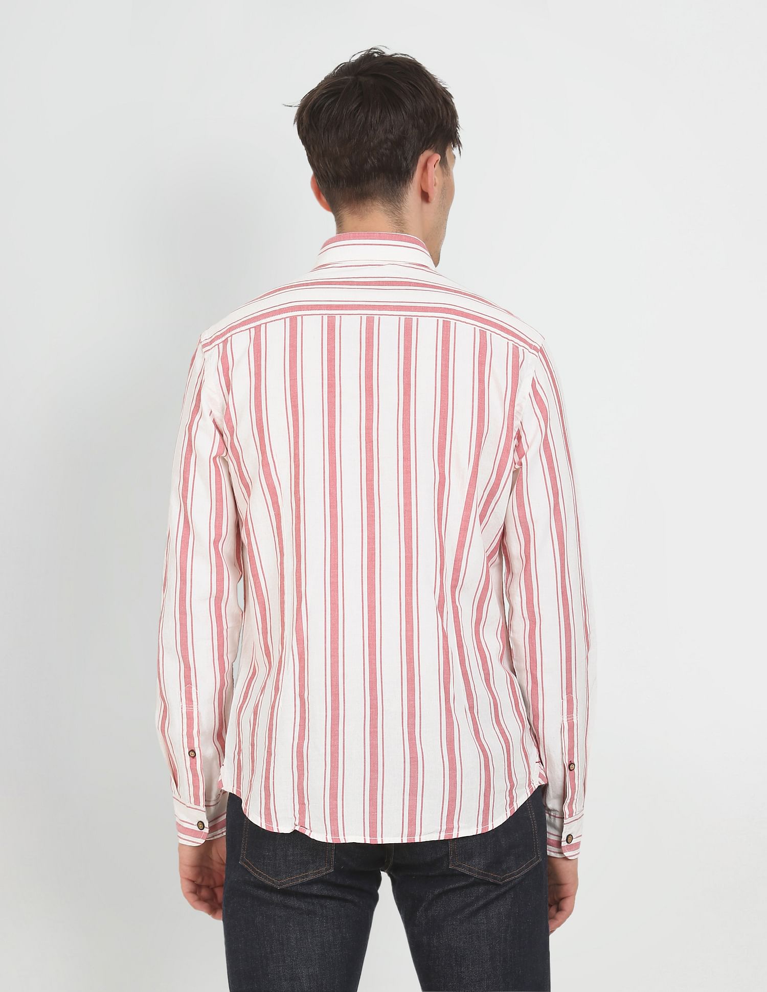 Button Down Collar Striped Cotton Casual Shirt Red and White - U.S. POLO ASSN. | Large