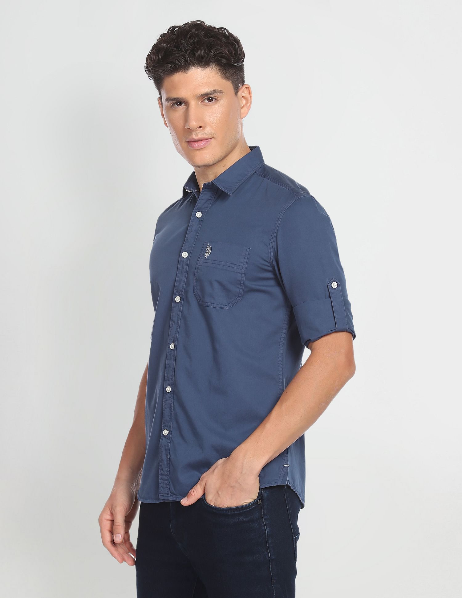 Cotton Twill Slim Fit Shirt Blue - U.S. POLO ASSN. | Large