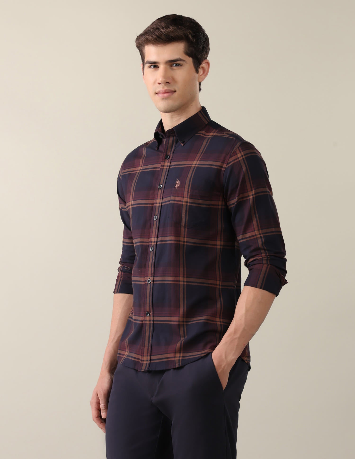 Plaid Checked Tailored Fit Shirt Blue - U.S. Polo Assn. India | Large