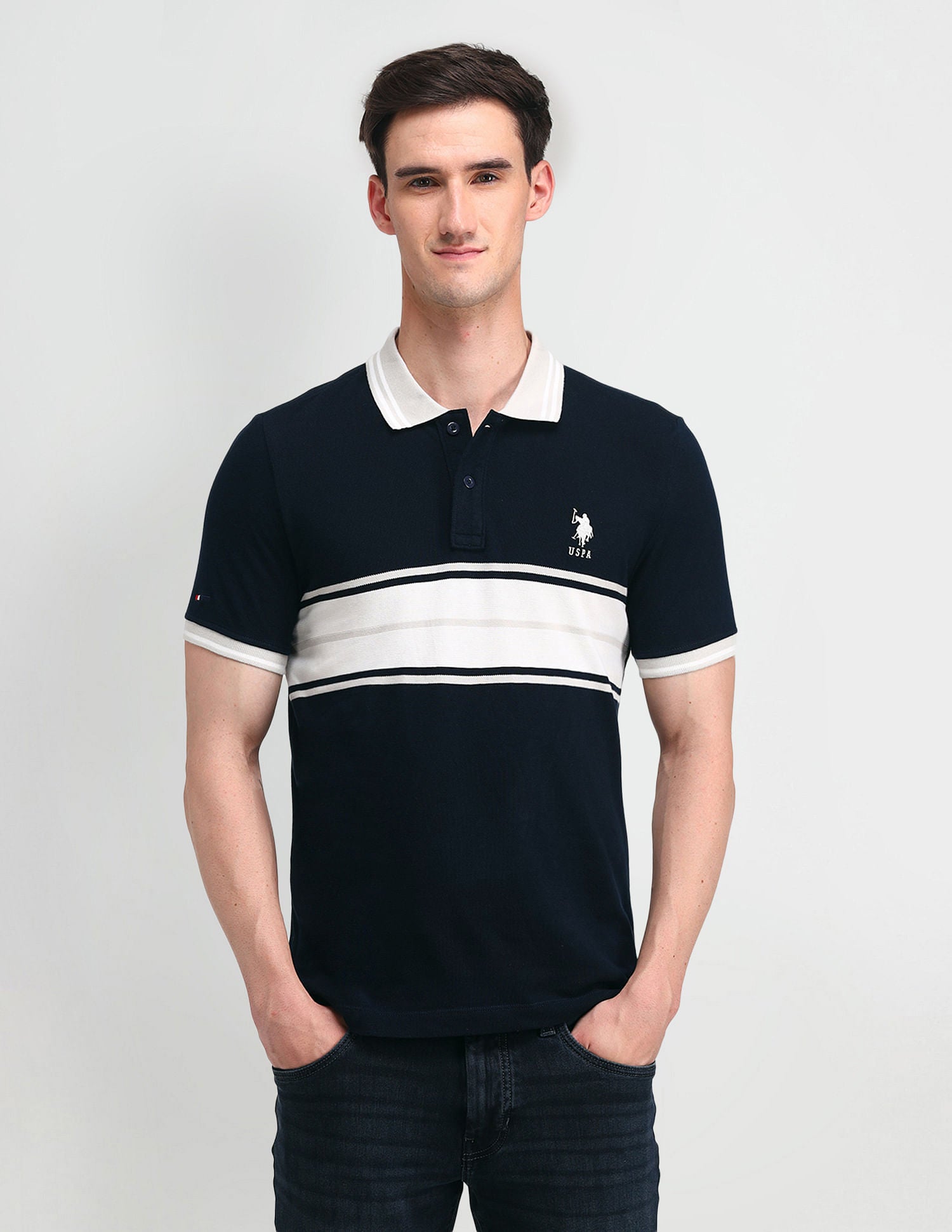 Muscle Fit Colour Block Polo Shirt Navy - U.S. POLO ASSN. | Large