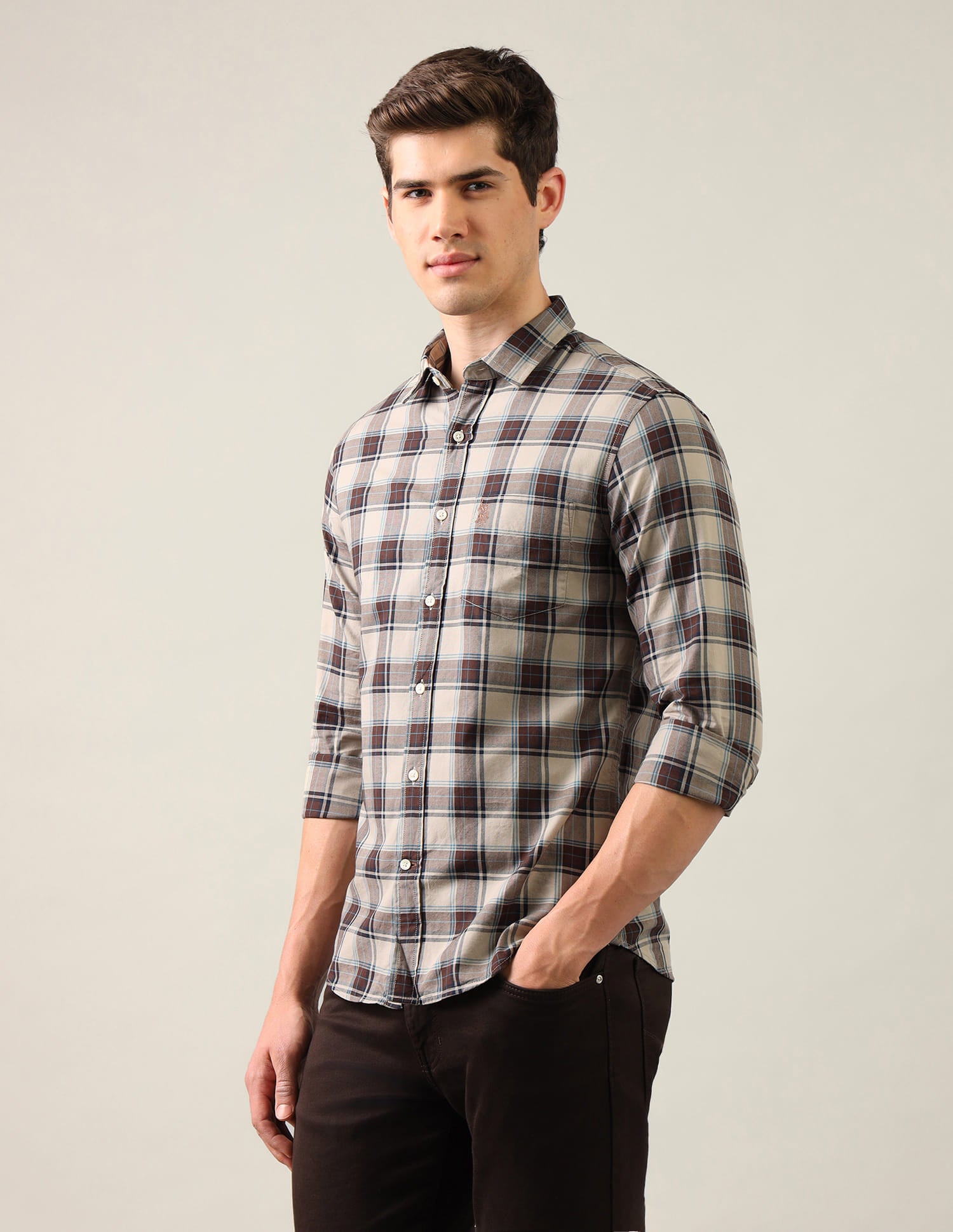 Grid Tattersall Checked Regular Fit Shirt Brown - U.S. Polo Assn. India | Large