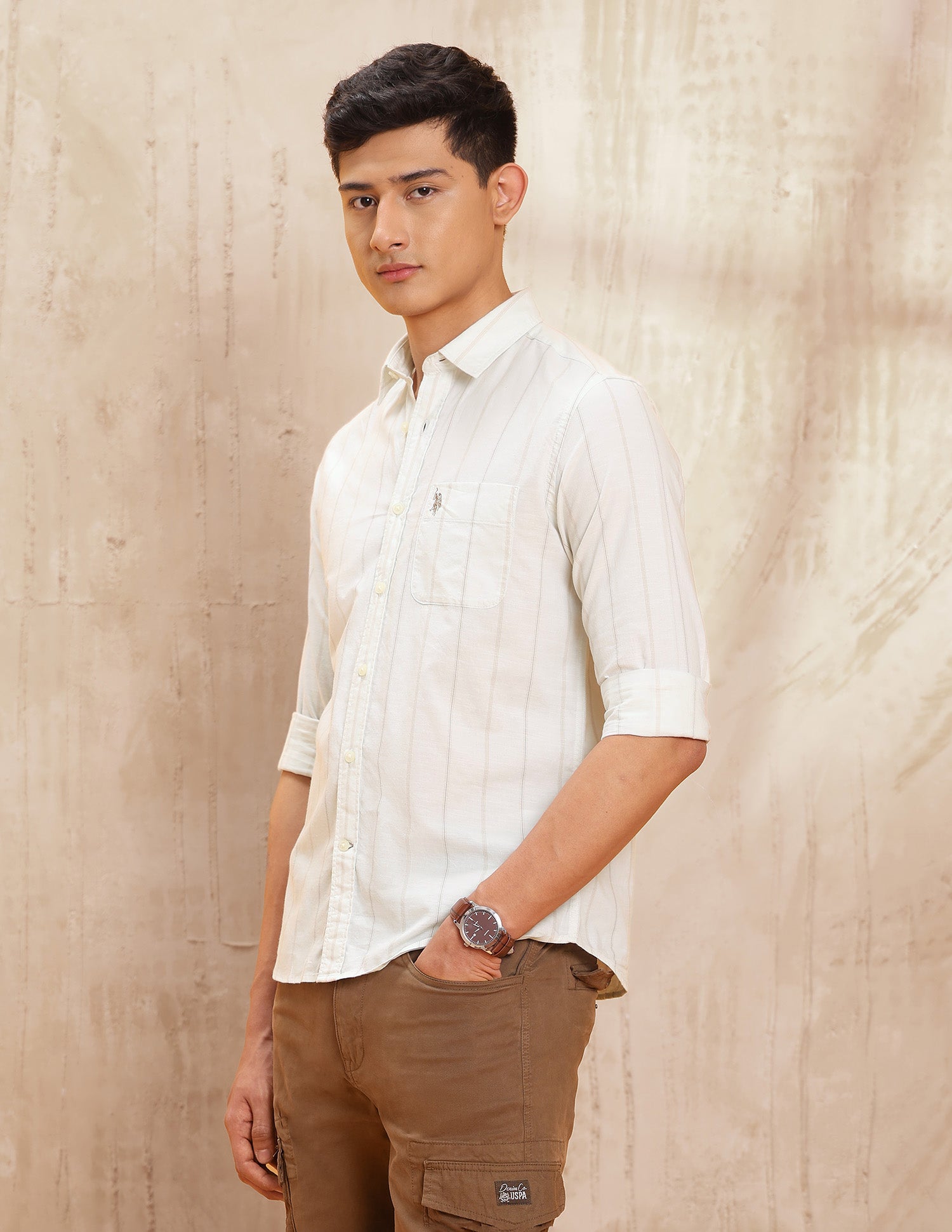 Vertical Striped Pure Cotton Shirt Ecru - U.S. POLO ASSN. | Large