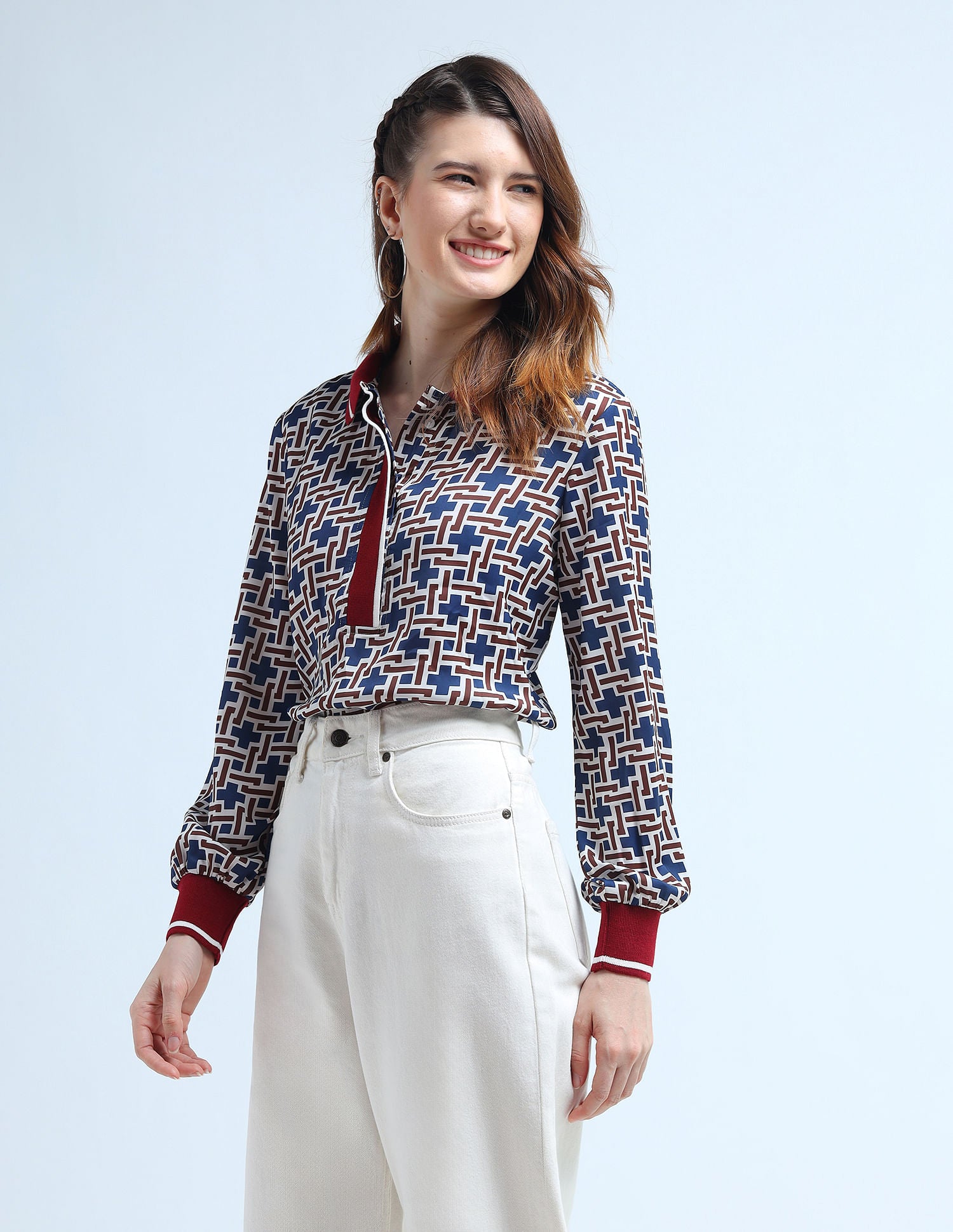 Polo Collar Geometric Printed Top Multicolour - U.S. Polo Assn. India | Large