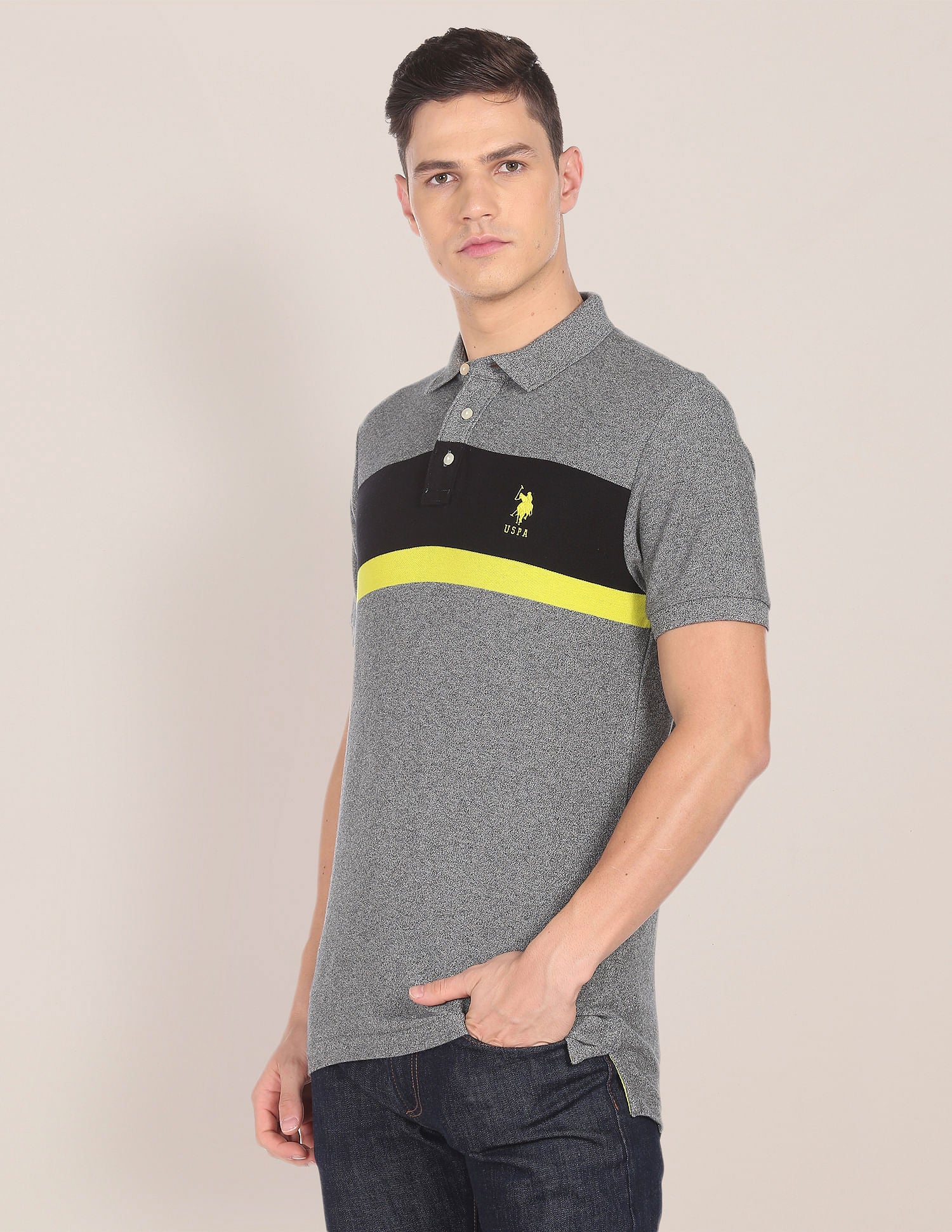Contrast Stripe Logo Heathered Polo Shirt Grey - U.S. POLO ASSN. | Large