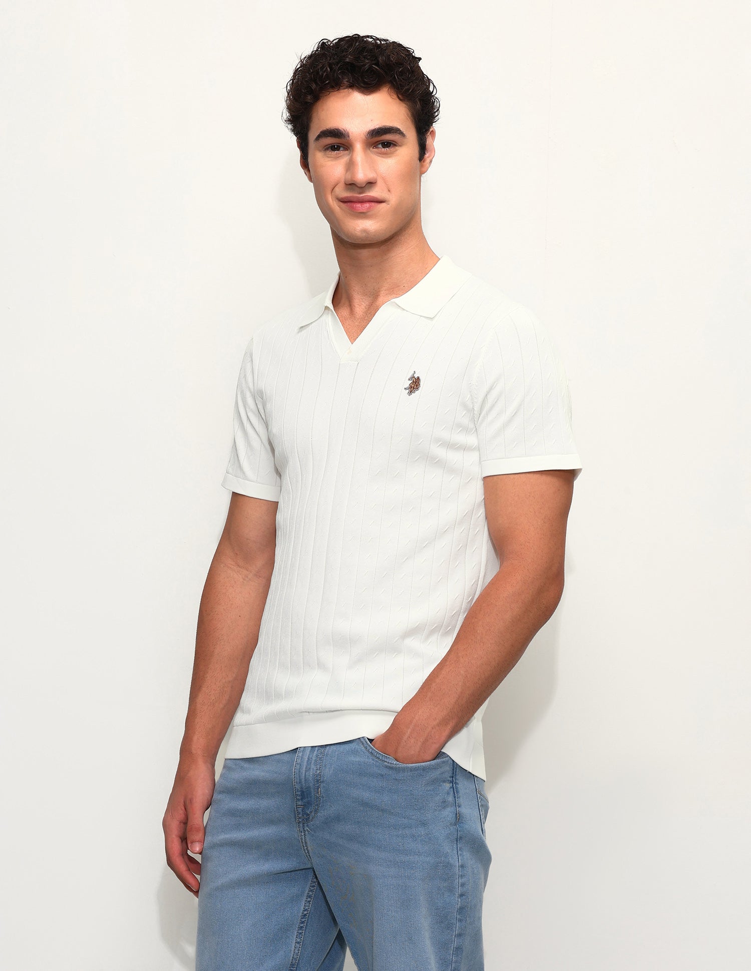 Self Design Vertical Striped Slim Fit Polo Shirt Off White - U.S. Polo Assn. India | Large