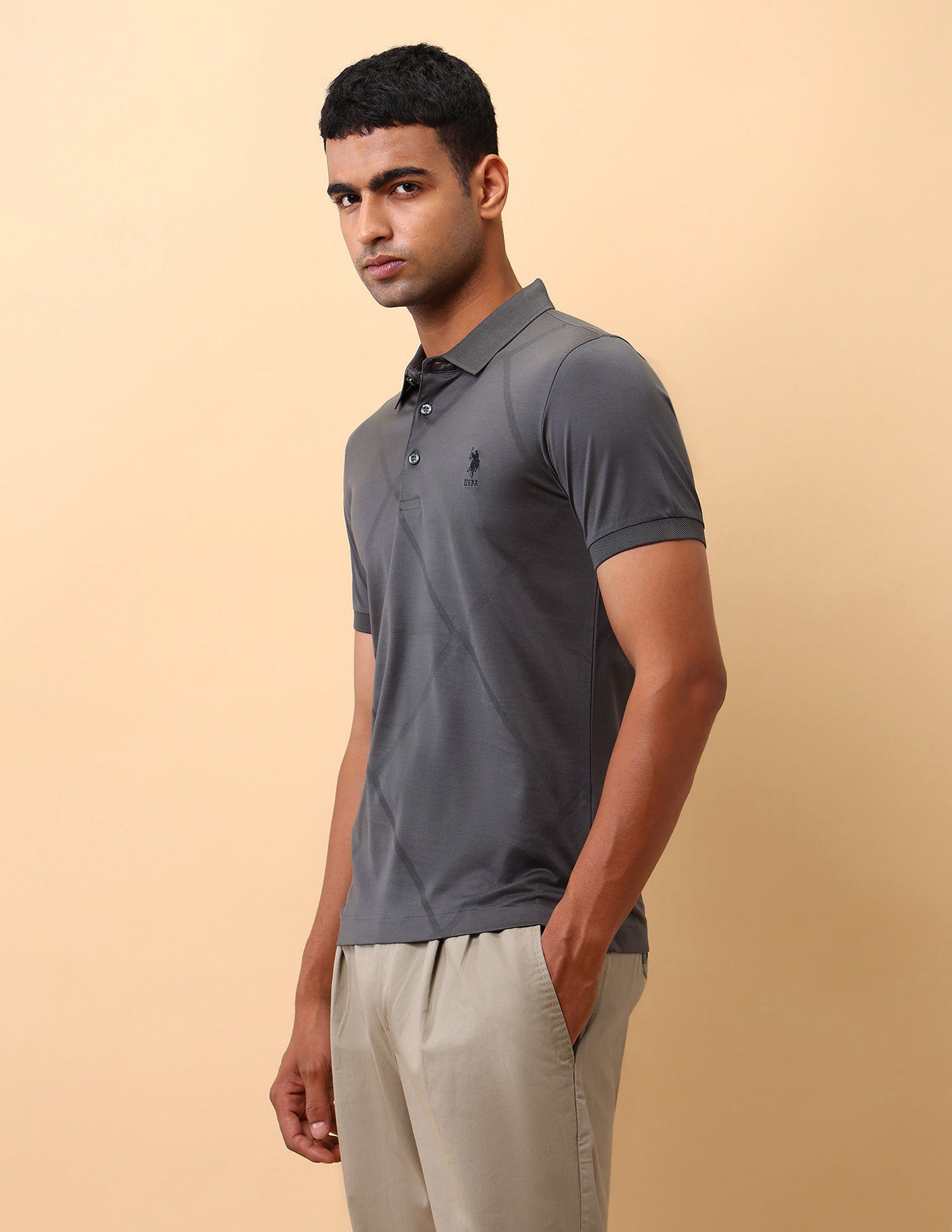 Textured Slim Fit Polo Shirt Grey - U.S. Polo Assn. India | Large