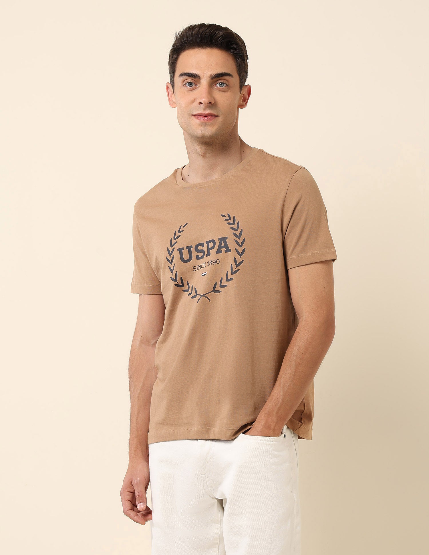 Brand Printed Pure Cotton T-Shirt Beige - U.S. POLO ASSN. | Large