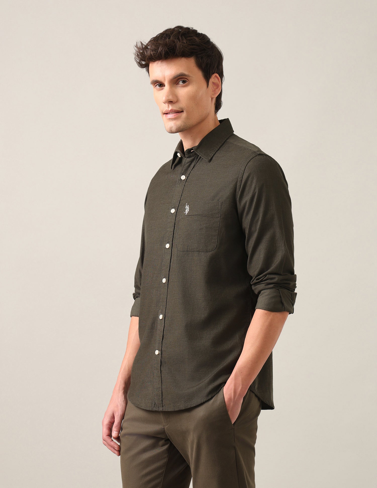 Solid Corduroy Shirt Olive - U.S. Polo Assn. India | Large
