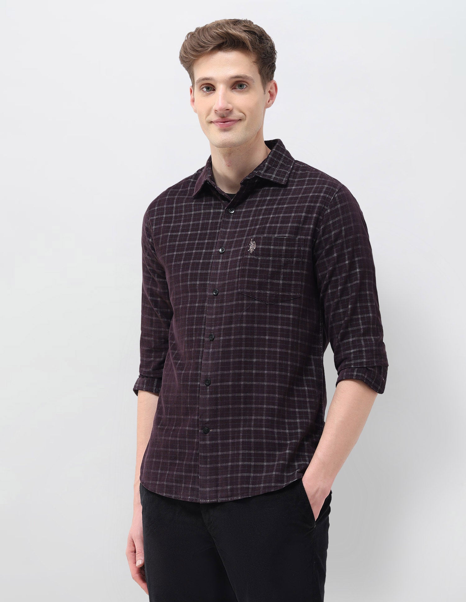 Grid Tattersall Checked Corduroy Shirt Maroon - U.S. POLO ASSN. | Large
