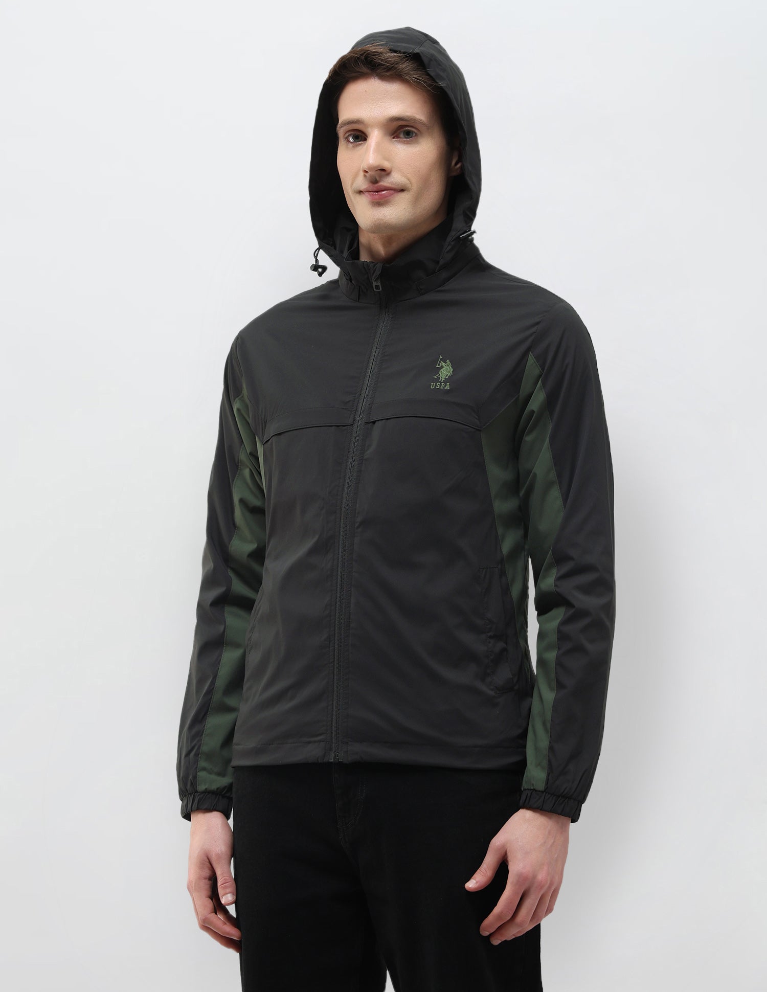 Packable Detachable Hood Colour Blocked Jacket Olive - U.S. Polo Assn. India | Large