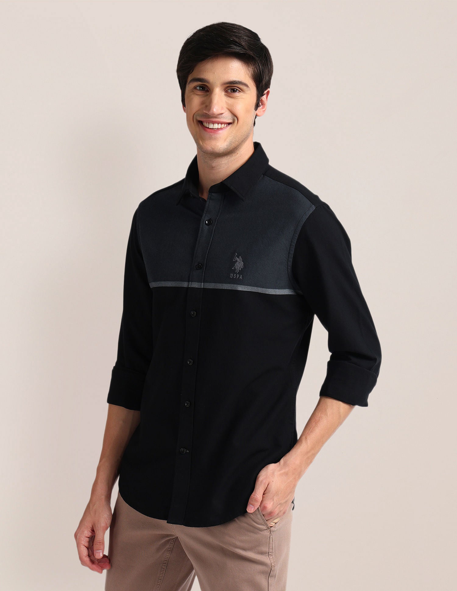 Colour Block Tailored Fit Shirt Black - U.S. Polo Assn. India | Large