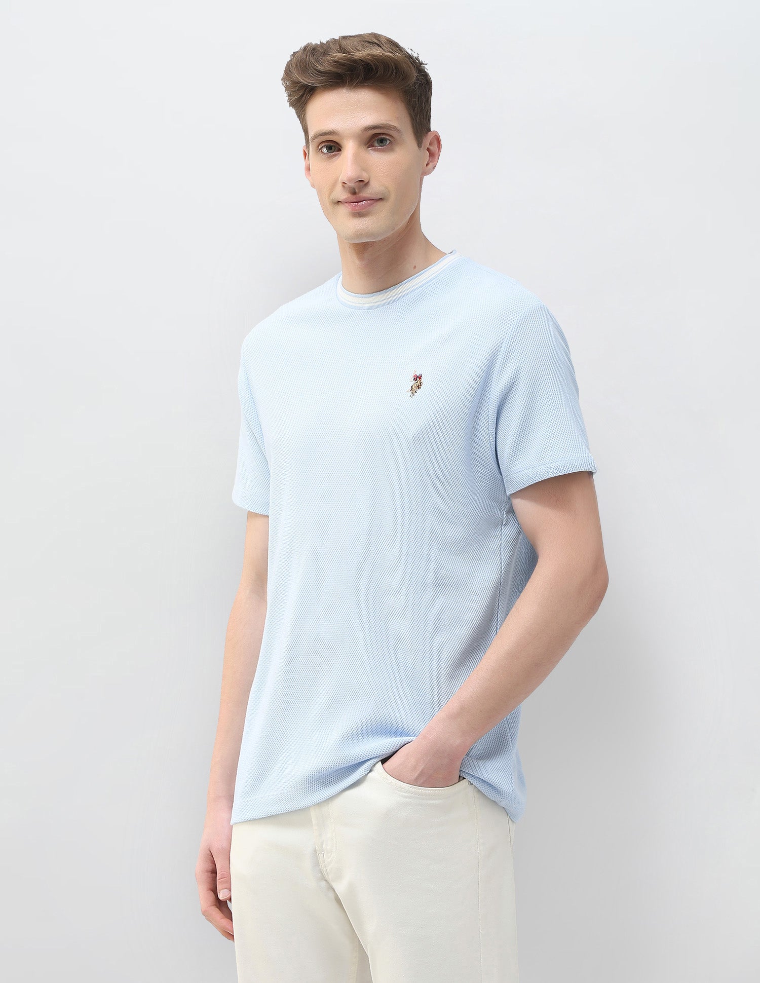 Textured Motel On The Coast Slim Fit T-Shirt Light Blue - U.S. Polo Assn. India | Large