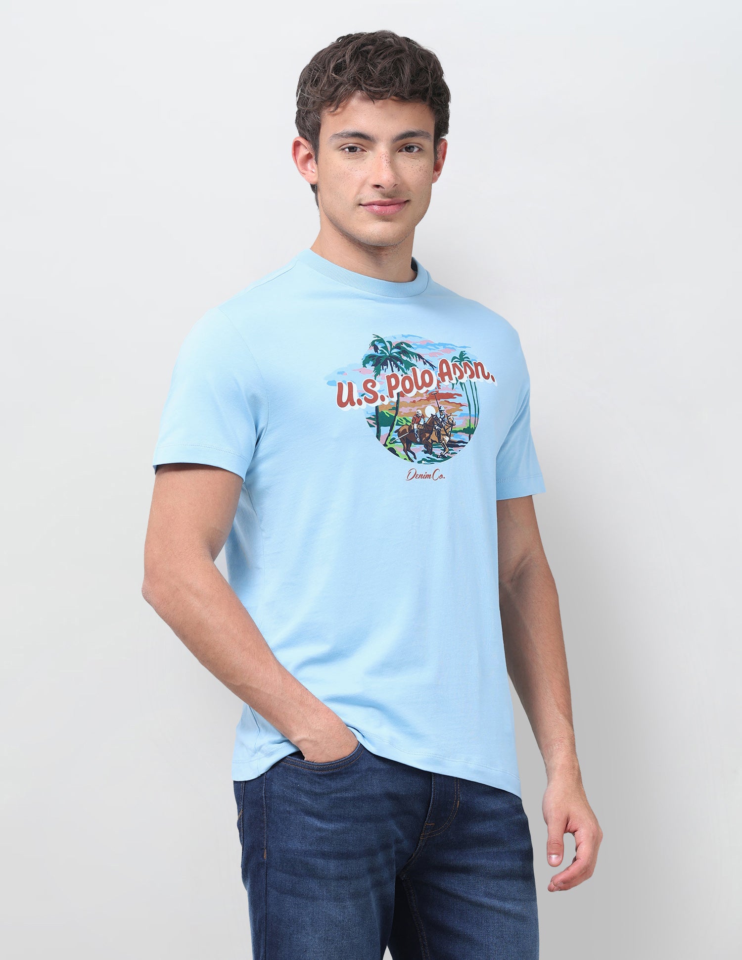 Graphic Brand Printed Regular Fit T-Shirt Light Blue - U.S. Polo Assn. India | Large