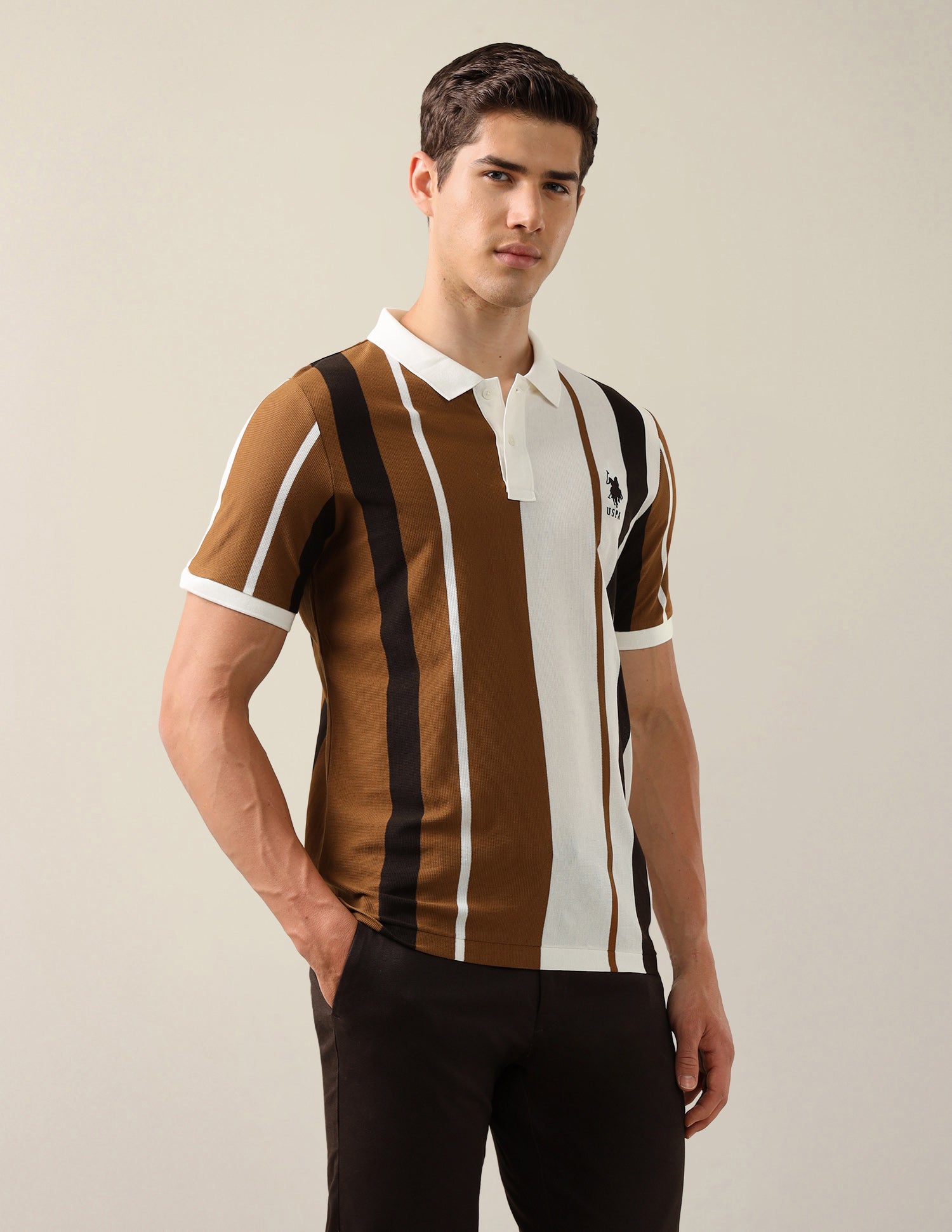 Vertical Striped Slim Fit Polo Shirt Brown - U.S. Polo Assn. India | Large