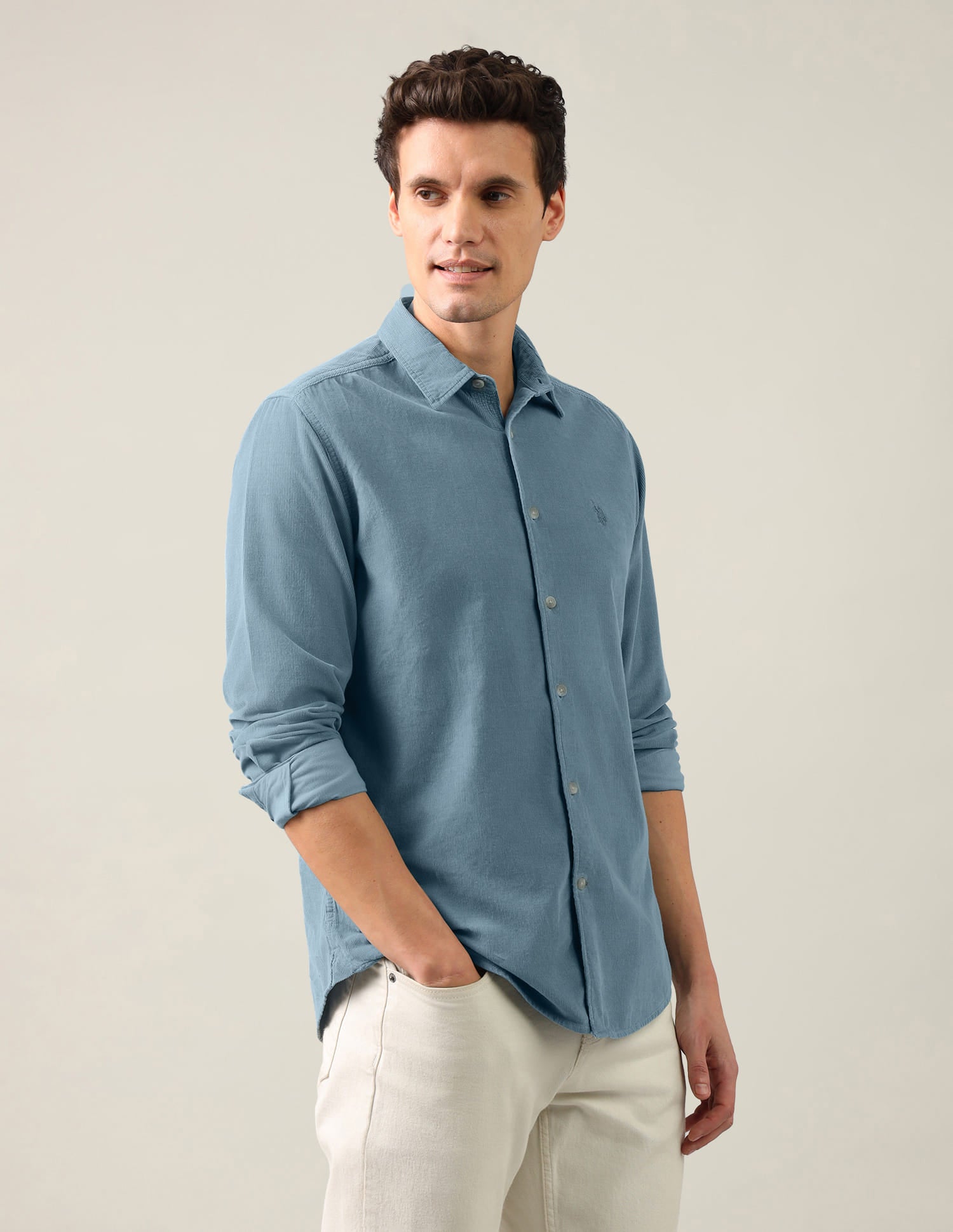 Regular Fit Corduroy Shirt Blue - U.S. Polo Assn. India | Large