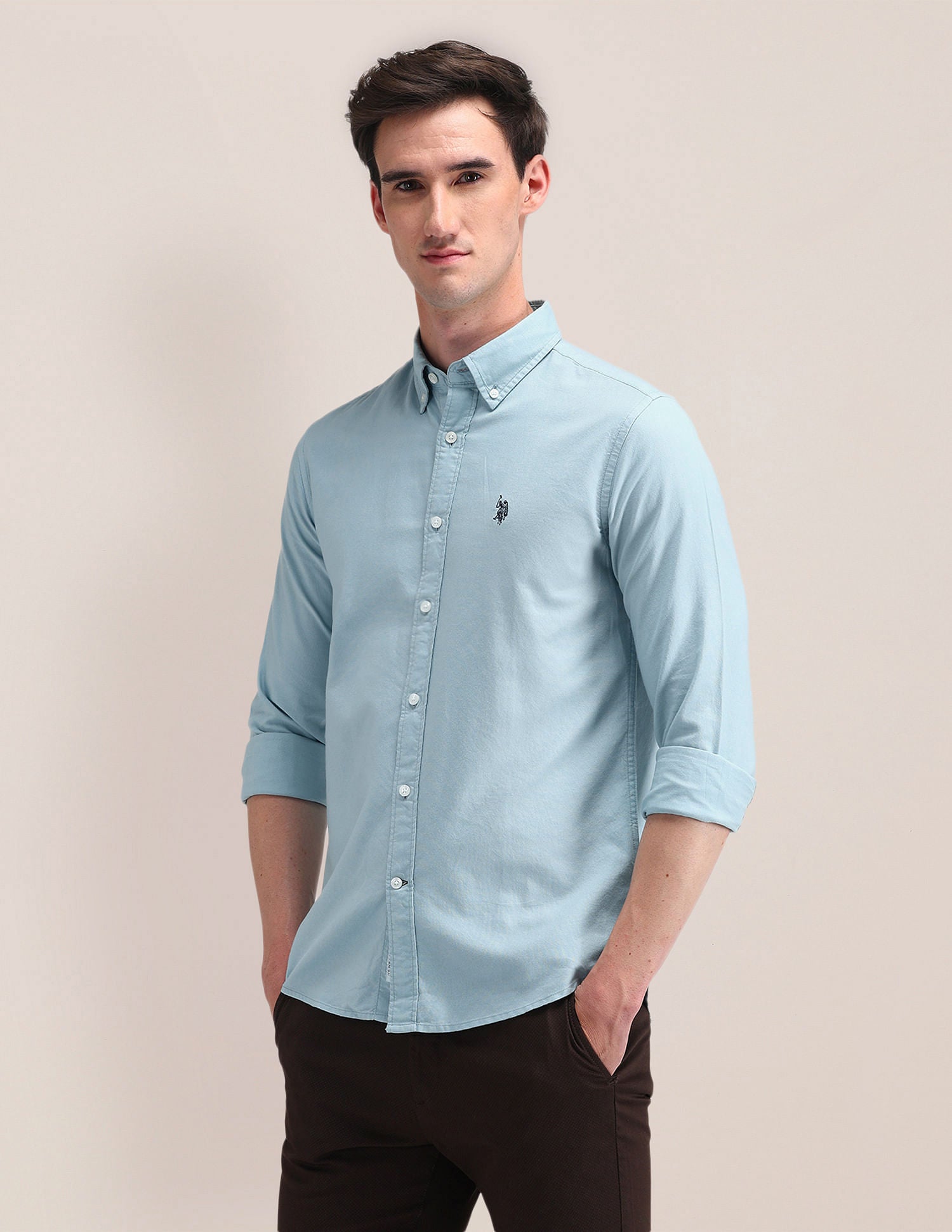 Tailored Fit Solid Shirt Light-Blue - U.S. Polo Assn. India | Large
