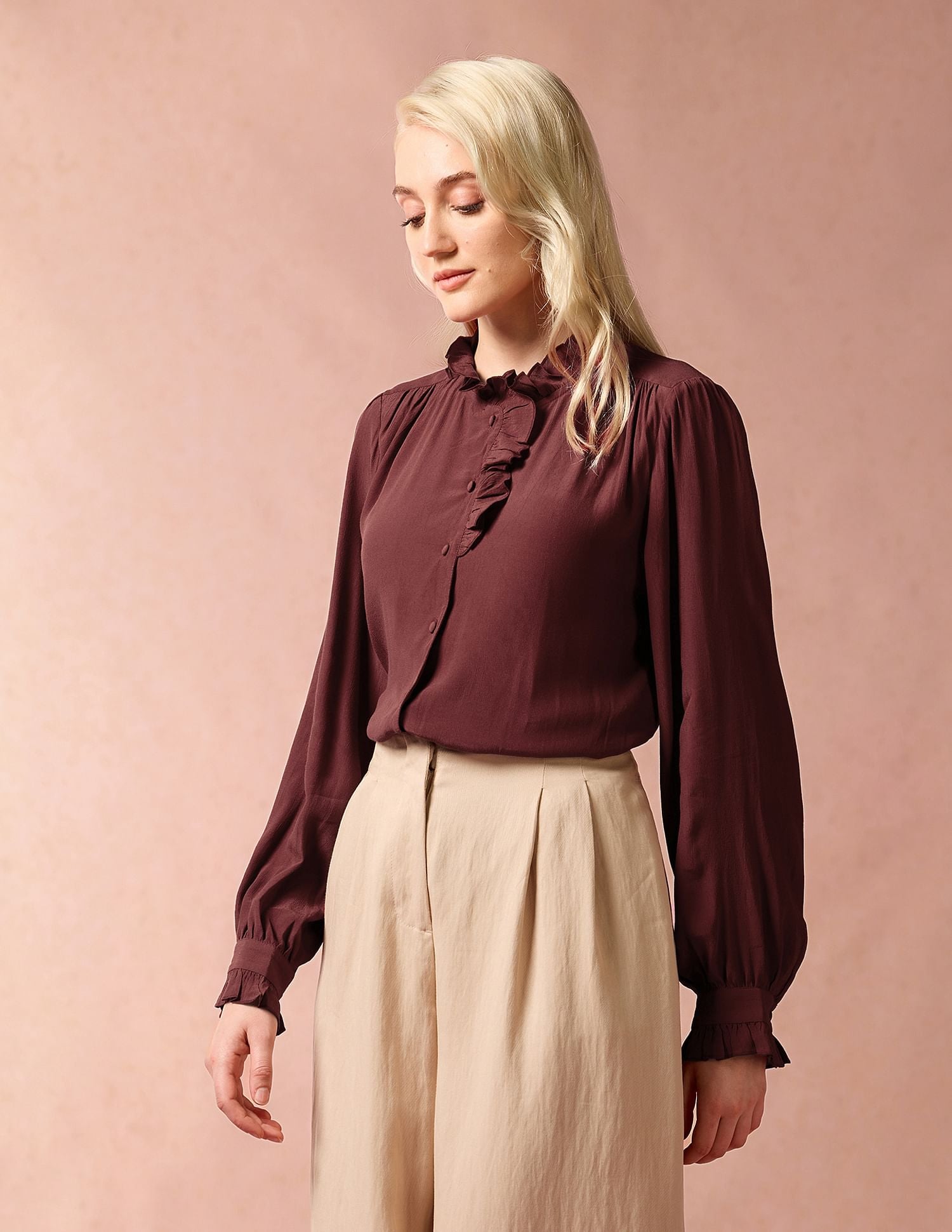 Ruffle Neck Regular Fit Top Maroon - U.S. POLO ASSN. | Large