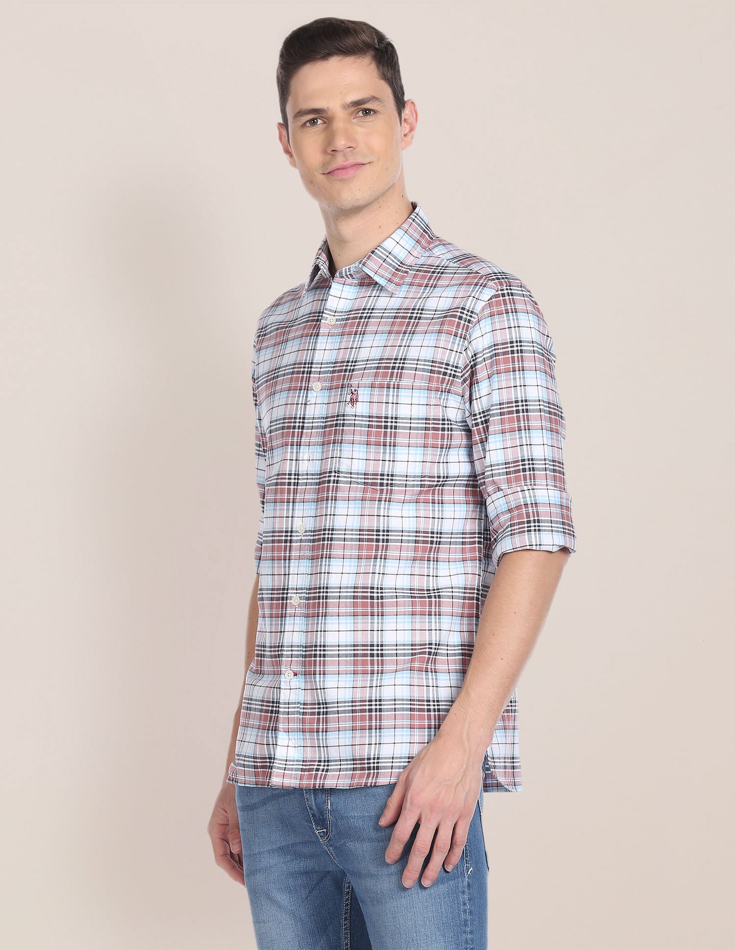 Spread Collar Plaid Check Shirt White and Rust - U.S. POLO ASSN. | Large